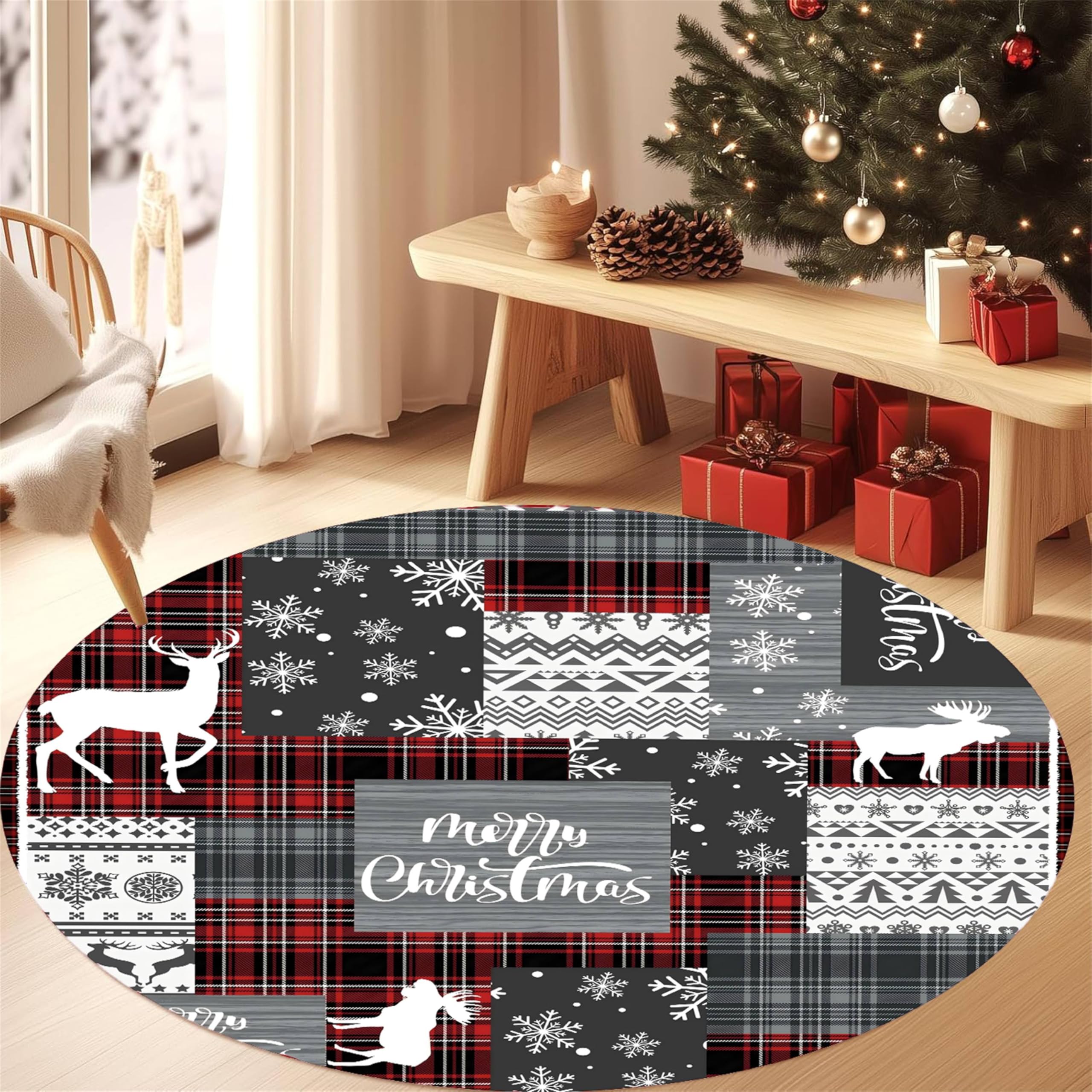 Arzunsy Bohemian Christmas Round Rug 120cm, Red and White Patchwork Low Pile Carpet, Non-Slip & Washable Festive Floor Mat for Living Room, Dining Room, Hallway