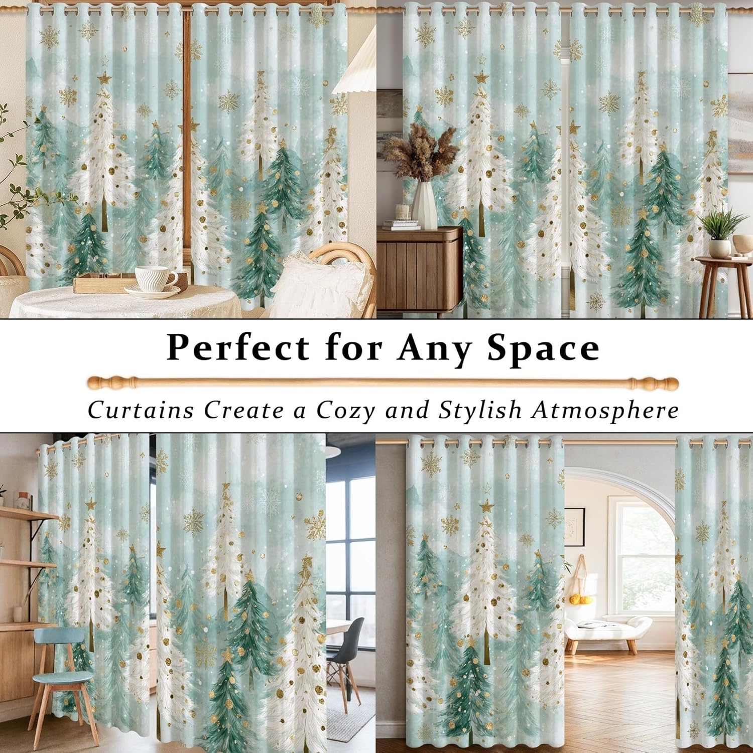 Christmas Tree Blackout Curtains, Festive Fanciful Snowflake Star Xmas Teal Wrinkle Free Window Drapes for Office Window Decor 42x45 Inch