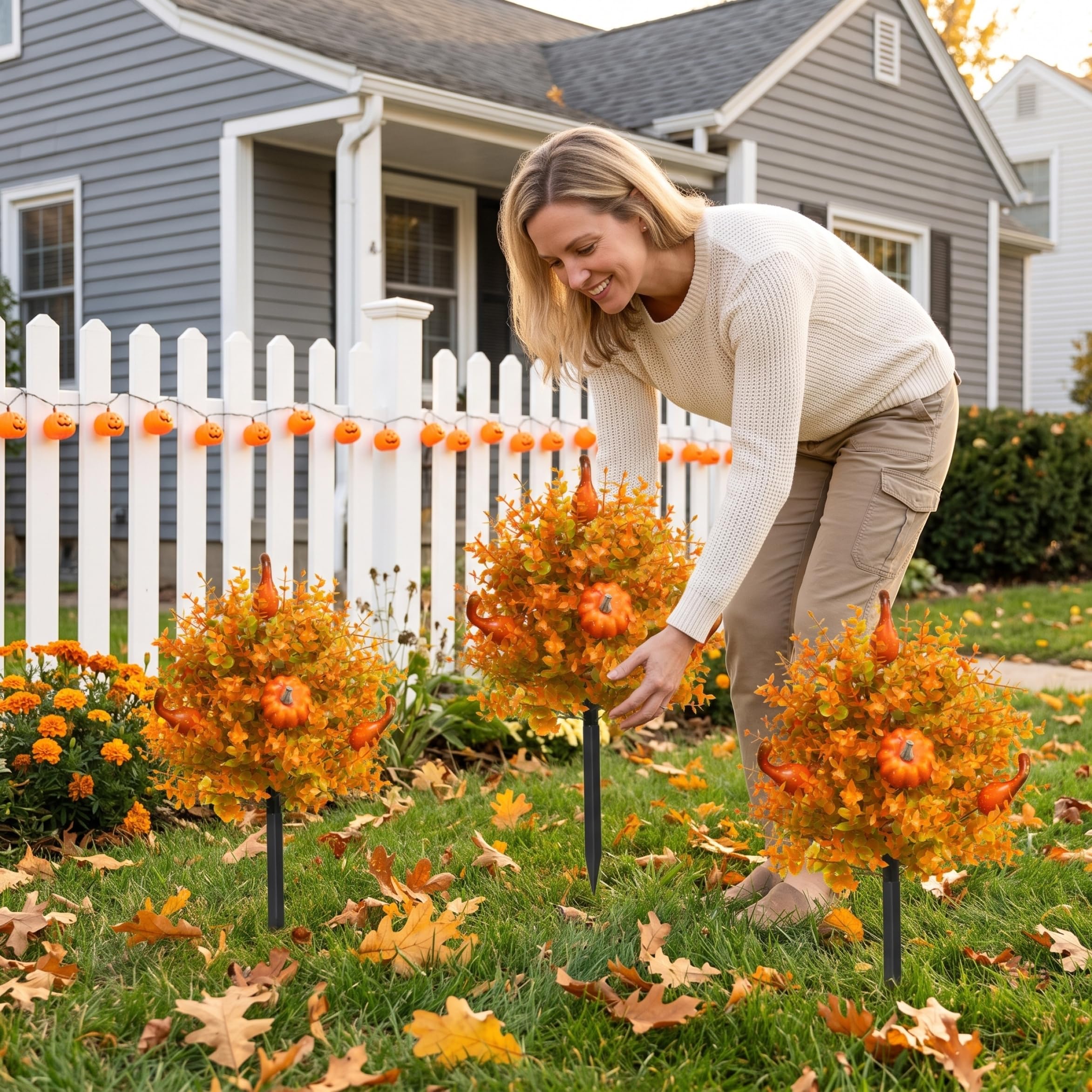 Arbusti artificiali per esterni, 1 pezzo di arte topiaria artificiale per esterni, decorazioni per Halloween all'aperto, picchetto di terra di eucalipto zucca giallo chiaro per giardino autunnale