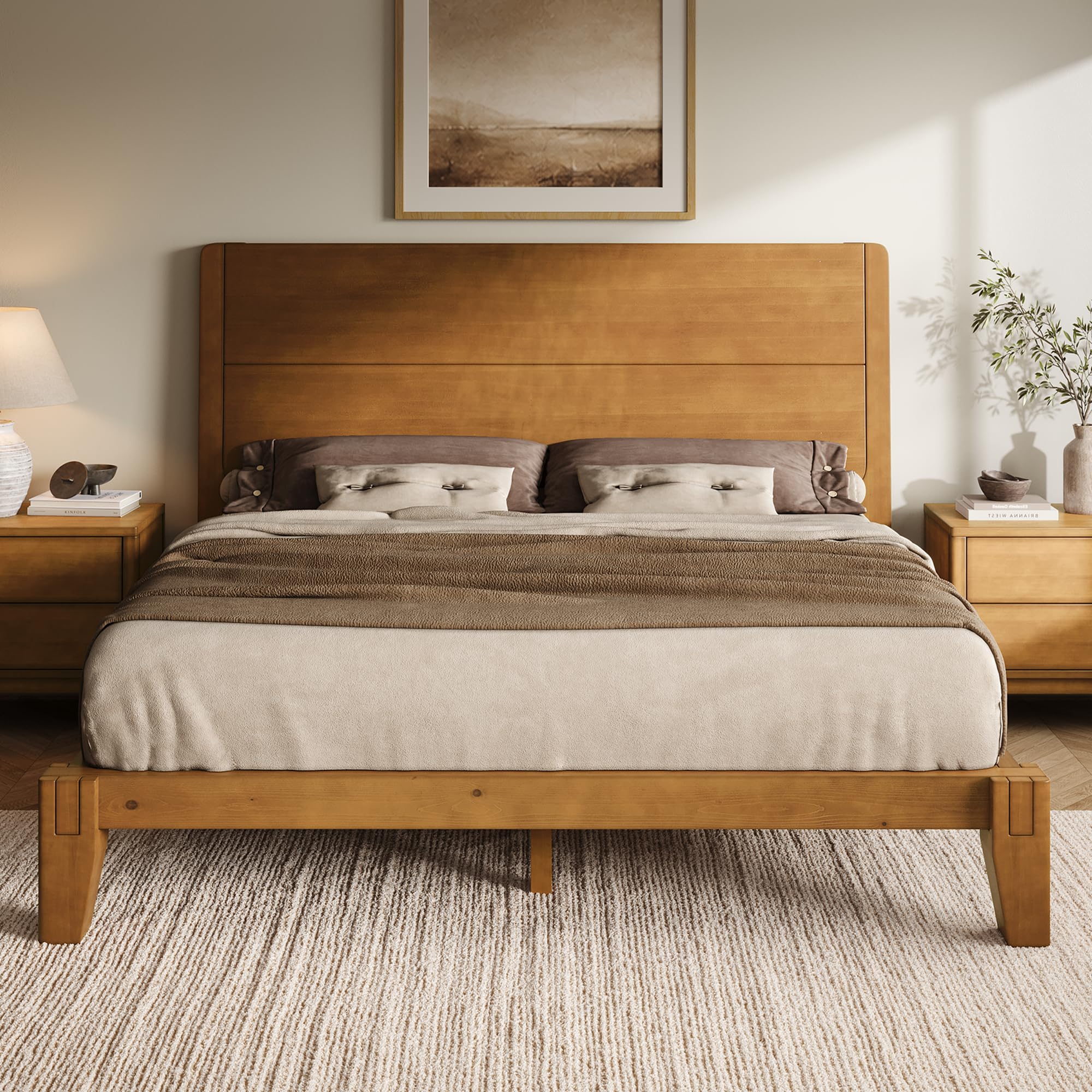 AMERLIFE Solid Wood Queen Bed Frame with Headboard, Japanese Joinery