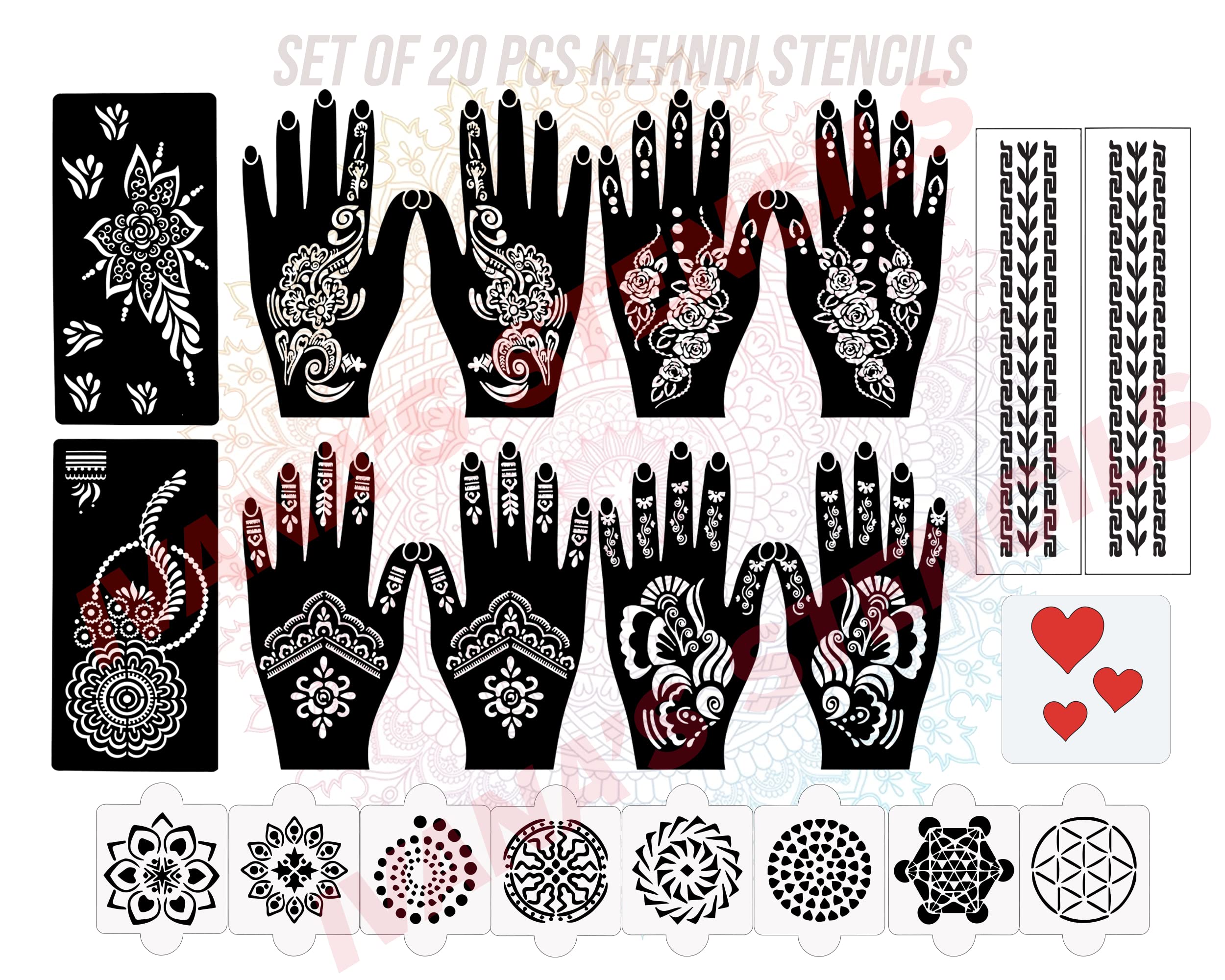 Ivana's Set of 20 Pcs Combo Pack, Reusable Mehandi Stickers Henna Tattoo Stencil For Women, Girls And Kids Easy To Use In Just 4 Steps Mehendi Kit For Both Hand, D-2019-picture-26
