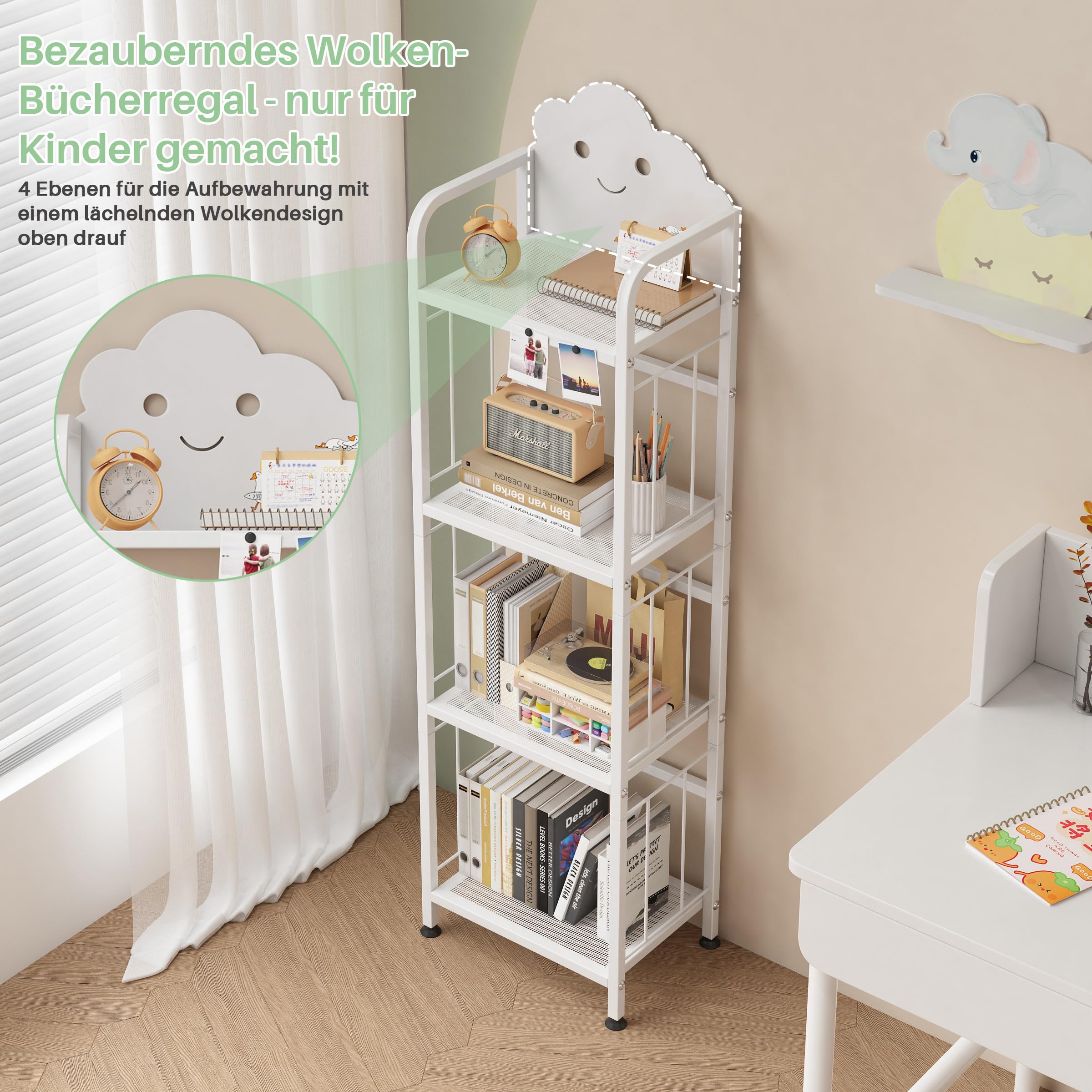 Cute Metal Kinderregal, 4 Etagen Bücherregal Aufbewahrungsregal für Kinder, Standregal mit Magnetische Buchstützen, Büro Arbeitszimmer, Kinderzimmer (Weiß)
