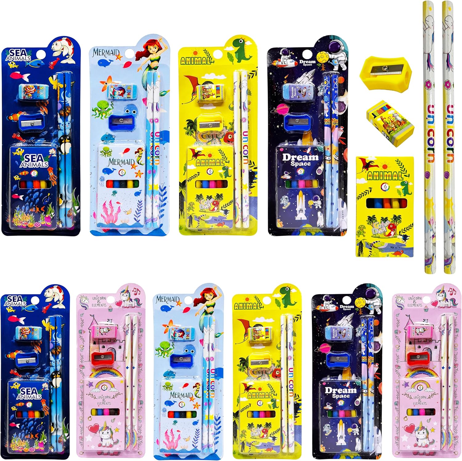 Cartoon Theme Stationery Gift Set with 2 Pencils, Sharpener, Eraser and 6 Color Pencils, Complete School Supplies |Birthday Return Gifts for Kids|For Age 3-10 Yrs (Assorted Characters)