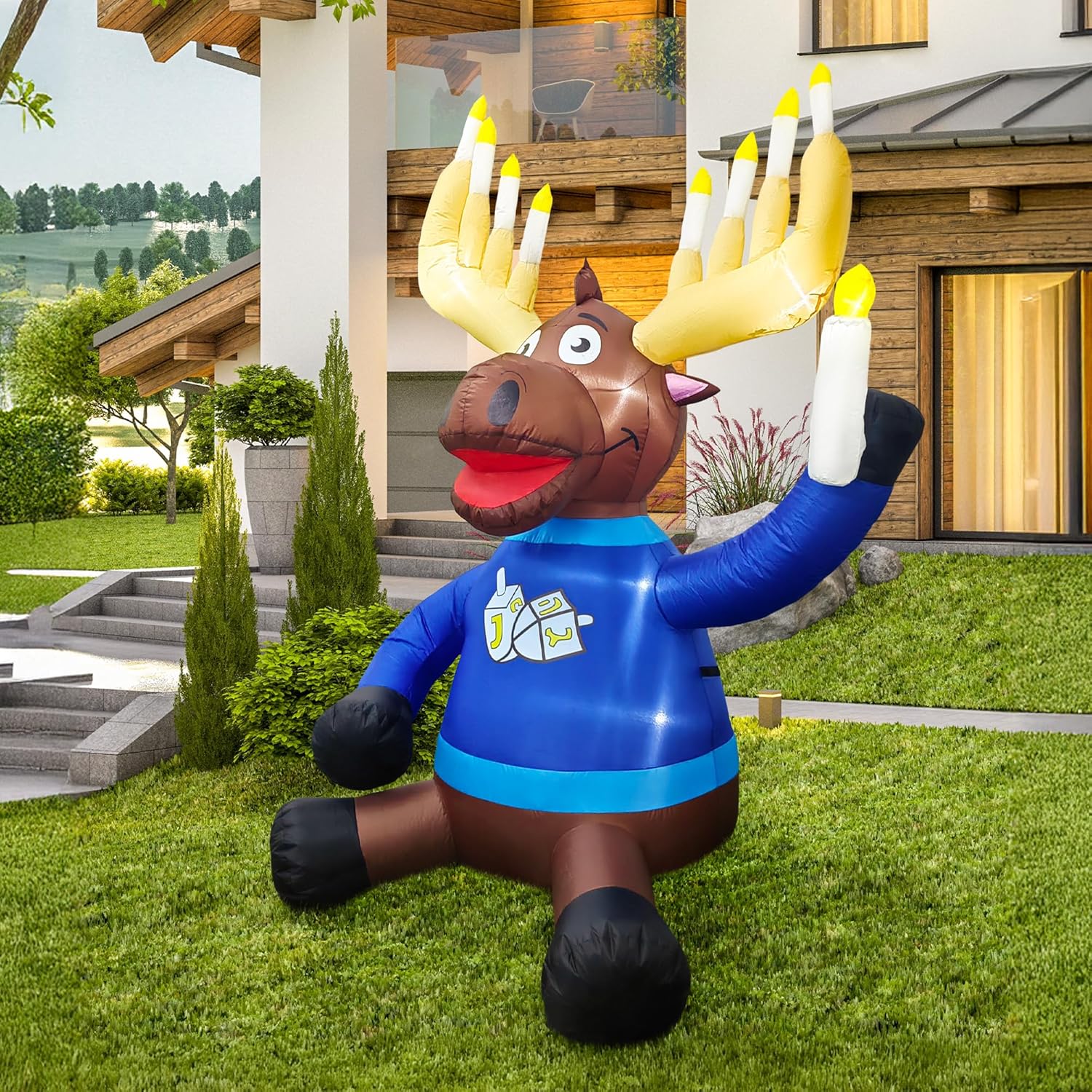 Macabee Moose 6 FT Inflatable Hanukkah Decorations – Blow Up Hanukkah Decorations for Outdoor Use, Hanukkahs Inflatables Outdoor with LED Lights, Festive Hanukkahs Yard Decor for Home, Garden, Patio