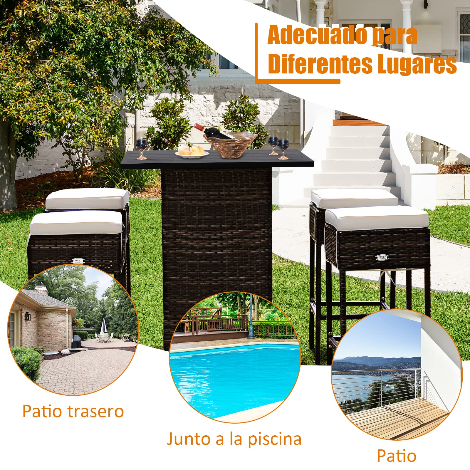COSTWAY Juego de Bar de Mimbre para Exteriores de 5 Piezas, Mesas Altas y 4 Taburetes con Cojines, Mesa con Tapa Lisa y Estante de Almacenamiento Oculto