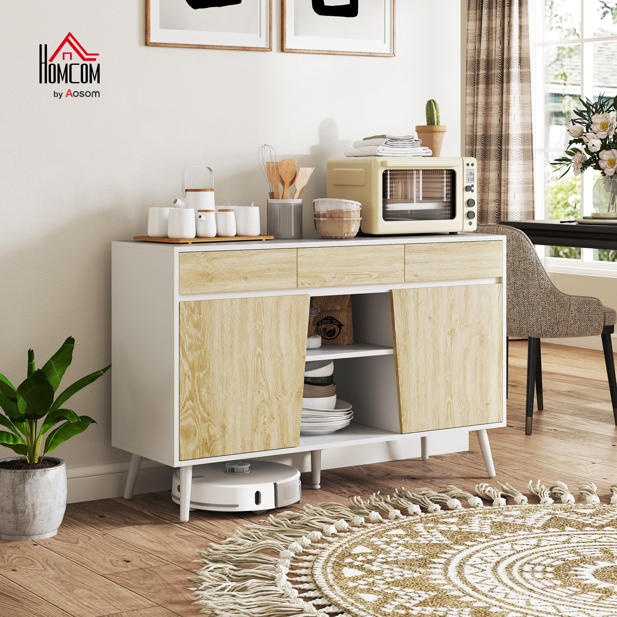 HOMCOM Aparador de 2 Puertas con 3 Cajones 120x39x77 cm Blanco y Natural | Aparador de Salón, Estantes, Mueble para TV, para Dormitorio, Sala de Estar
