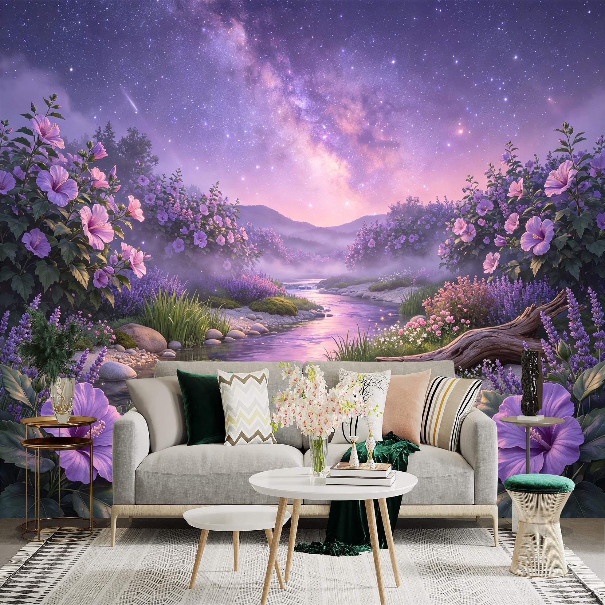 Lnzczhyre Bh260719332 Custom Size Wall Sticker Mural， Dreamy Purple Floral Riverbank， Galaxy Starry Night Sky， Serene Blooming Garden Landscape， For Wall Decoration， Peelandstick Wall Decals.