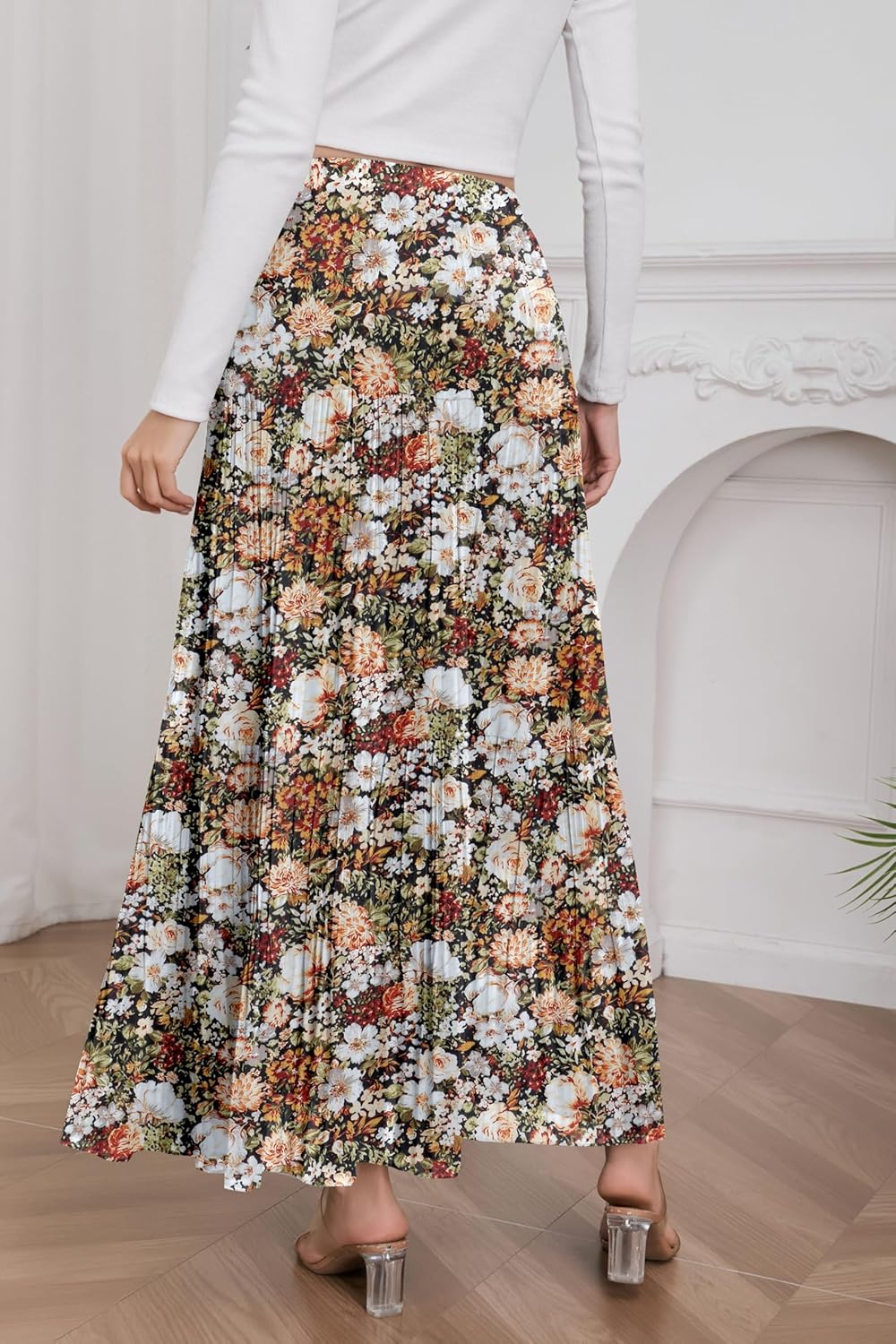 Womens Floral Long Skirts Chiffon Flowy Maxi Skirt High Waist Pleated Casual Boho Skirt - Image 3