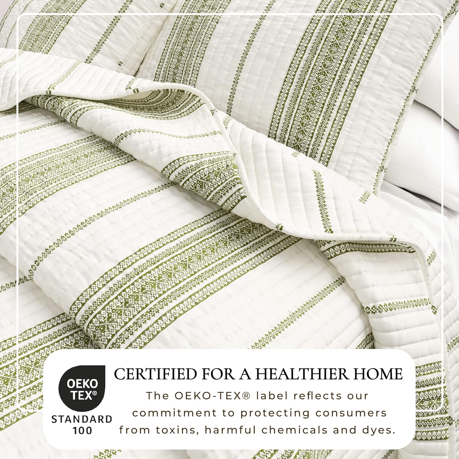 Great Bay Home Striped Quilt Set - 3-Piece King/California King Size Farmhouse Bedding Set - Lightweight, All-Season, Reversible Bedspread (White/Green) King / California King Cream/Green