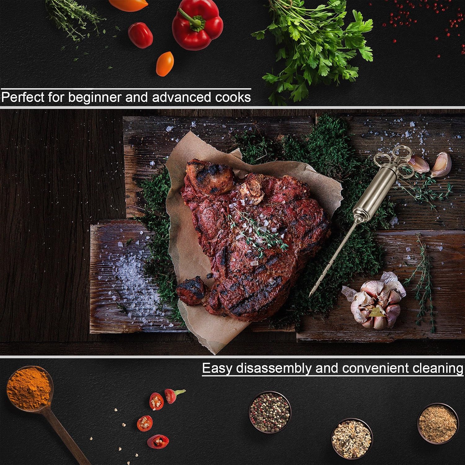 kaycrown 2-ounce 304 Stainless Steel Seasoning Injector with 3 Professional Marinade Needle BBQ Meat Taste injekuta Kithen Cooking Sauce Marinade sirinziakusesari- with Cleaning Brush