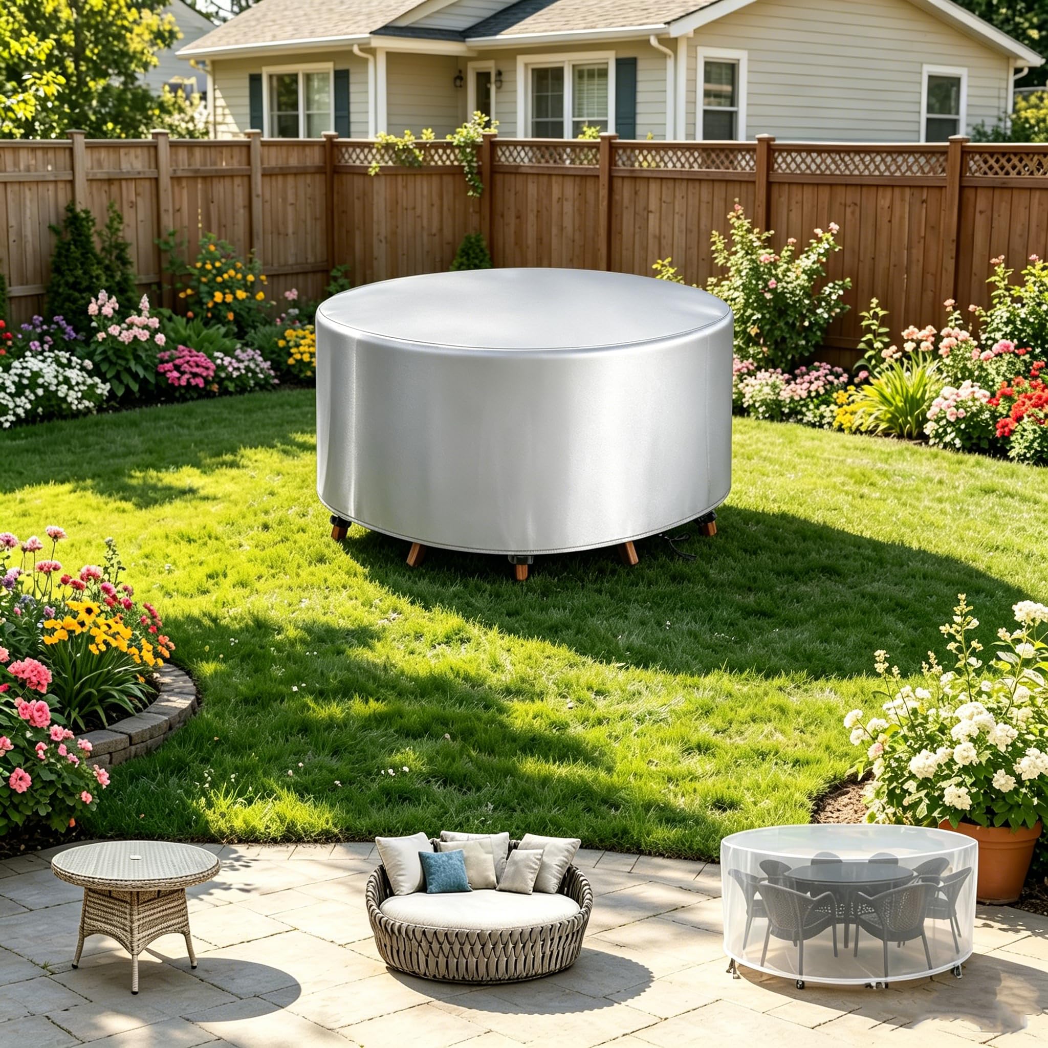 DSRDRFG Round Garden Furniture Covers Ø135x140cm Circular Outdoor Table Cover, Circular Outdoor Patio Table Set Cover, 420D Waterproof Windproof Anti-UV Protective for Rattan Furniture Set, Silver
