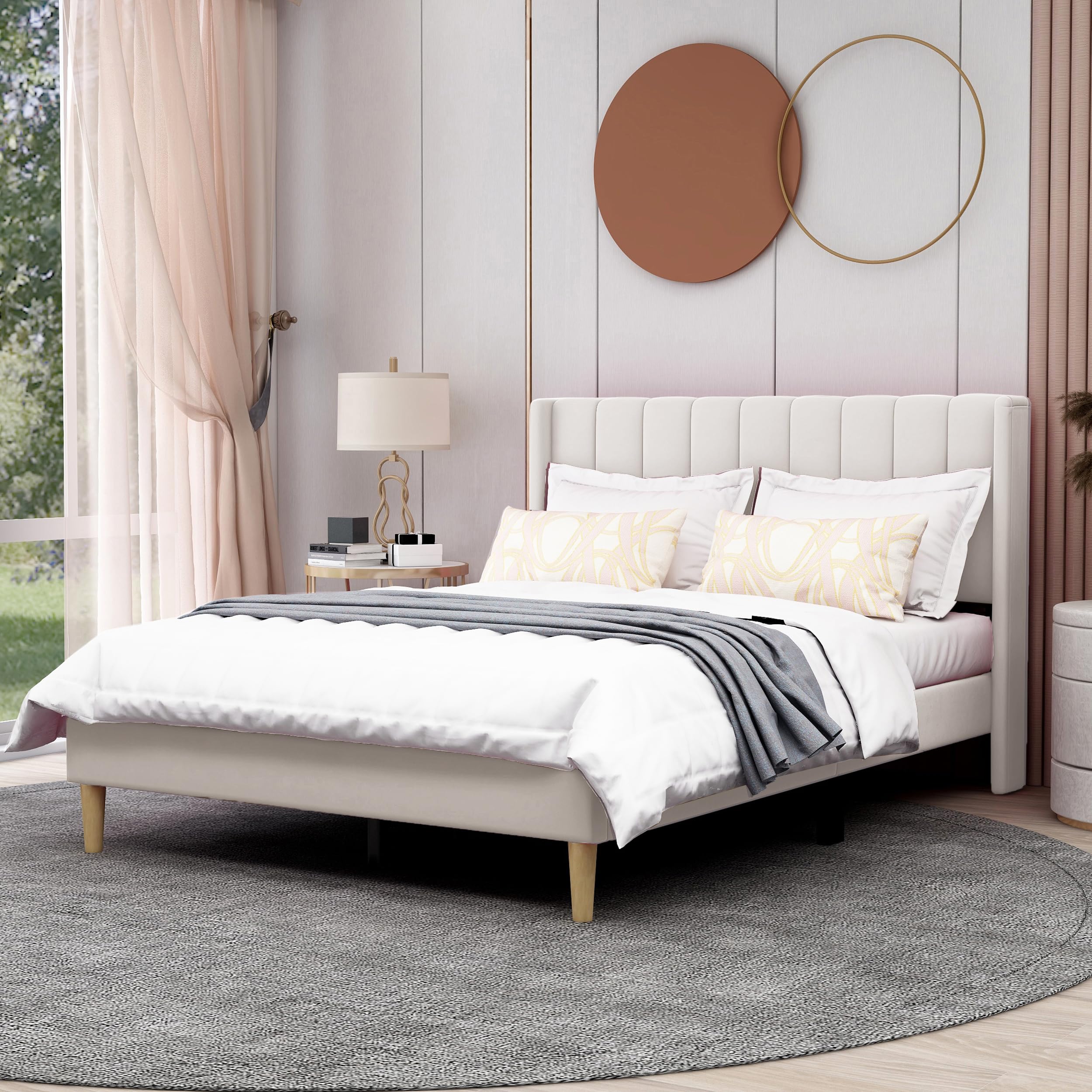 AGARTT Upholstered Platform Bed Frame Full Size with Headboard and Footboard/Wooden Slats Support/No Box Spring Needed/Easy Assembly,Beige Velvet