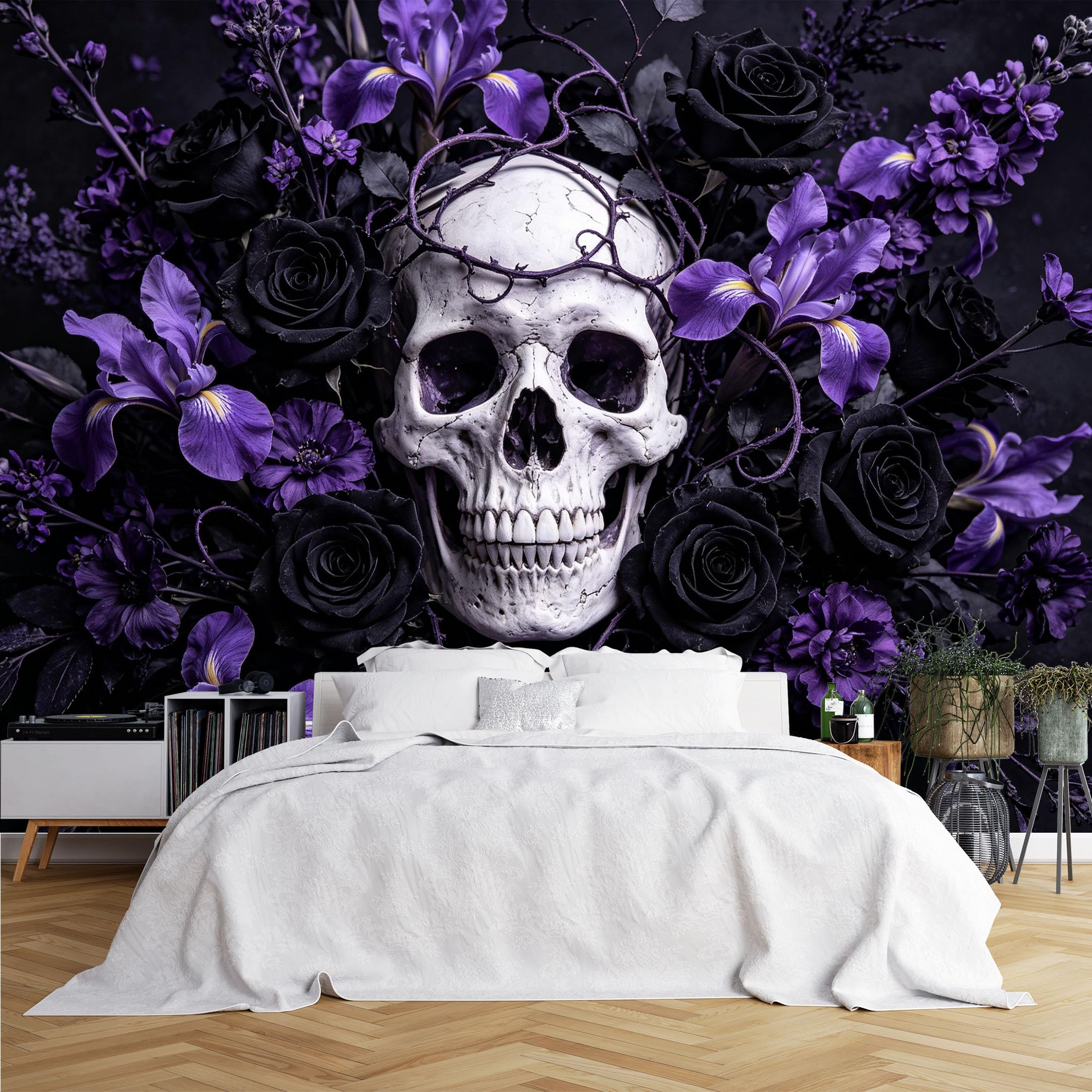 Lcythiazole Ch260615050 Custom Size Wall Murals Skull Black Rose Purple Iris Gothic Pattern Wall Murals Wall Stickers Wallpaper Self-Adhesive Removable Wallpaper For Bar Halloween Bedroom