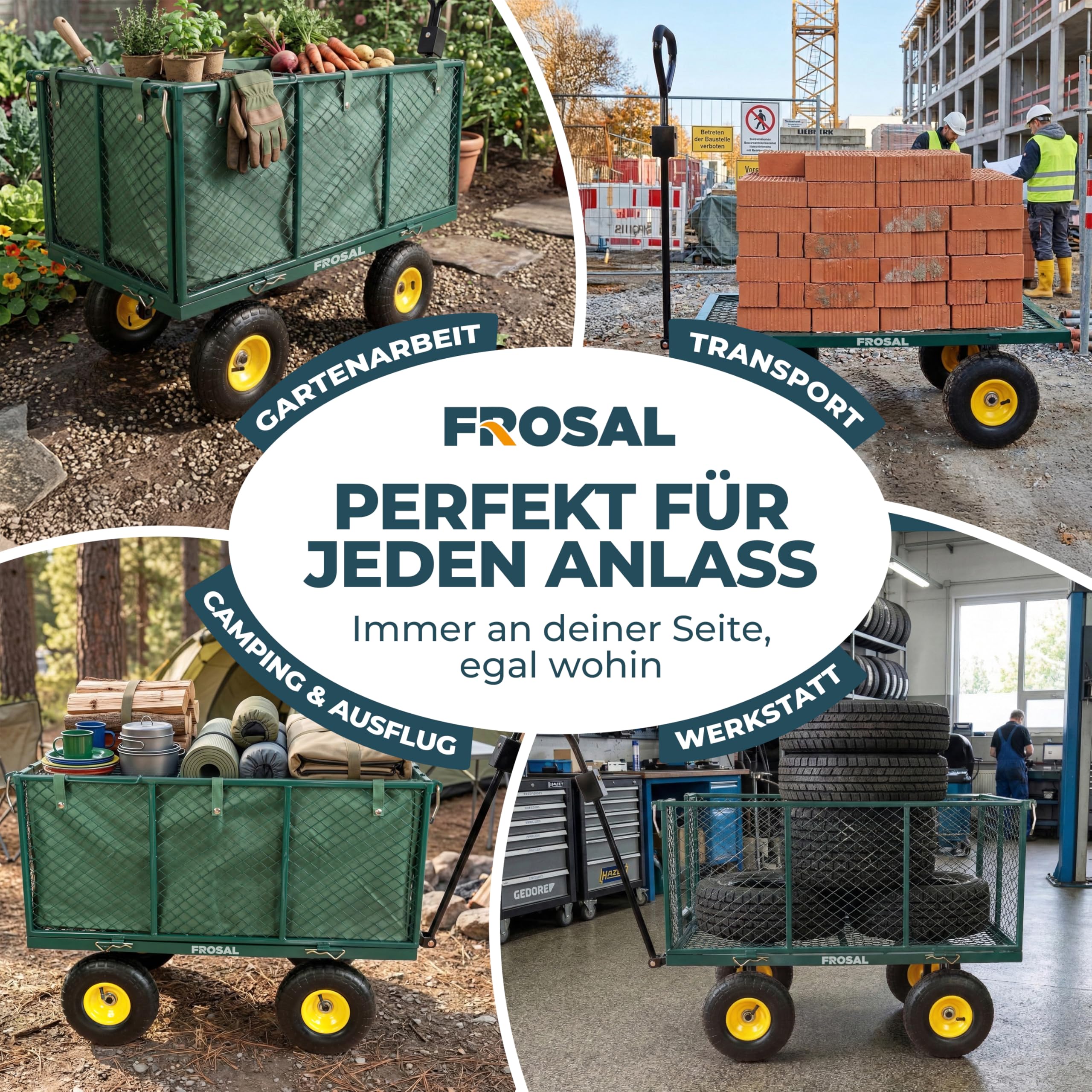 FROSAL Gartenwagen Sam – abnehmbare und klappbare Seitenwände – 350kg Traglast mit Luftreifen – Transportwagen mit Gitter & Plane – Handwagen für Garten, Baustelle & Hof – 200L Volumen – grün