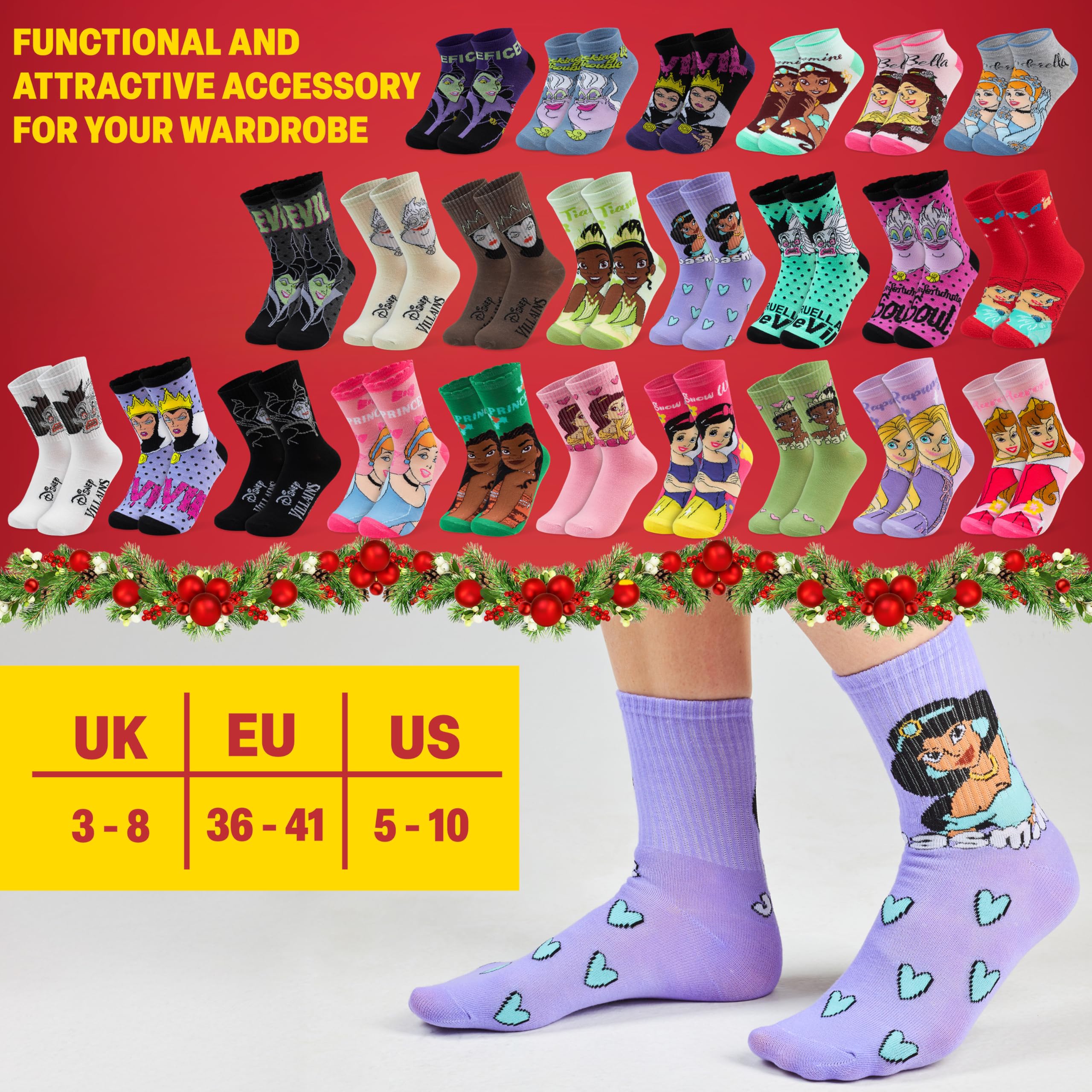 Get Trend Disney Prinzessinnen & Villains Socken Adventskalender 2025, 24 Paar, 36-41, Countdown Weihnachten Kalender, Geschenke für Teenager & Frauen (Multi Princess/Villains)