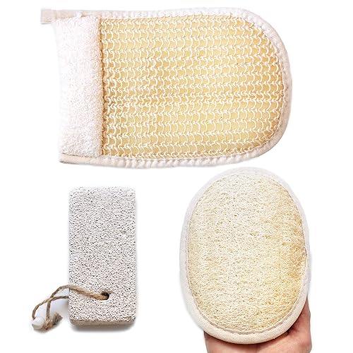 Coimoon Set (fabricado en Europa) almohadillas faciales de lufa orgánicas exfoliantes y esponja de ducha con piedra pómez natural, lufa, esponja