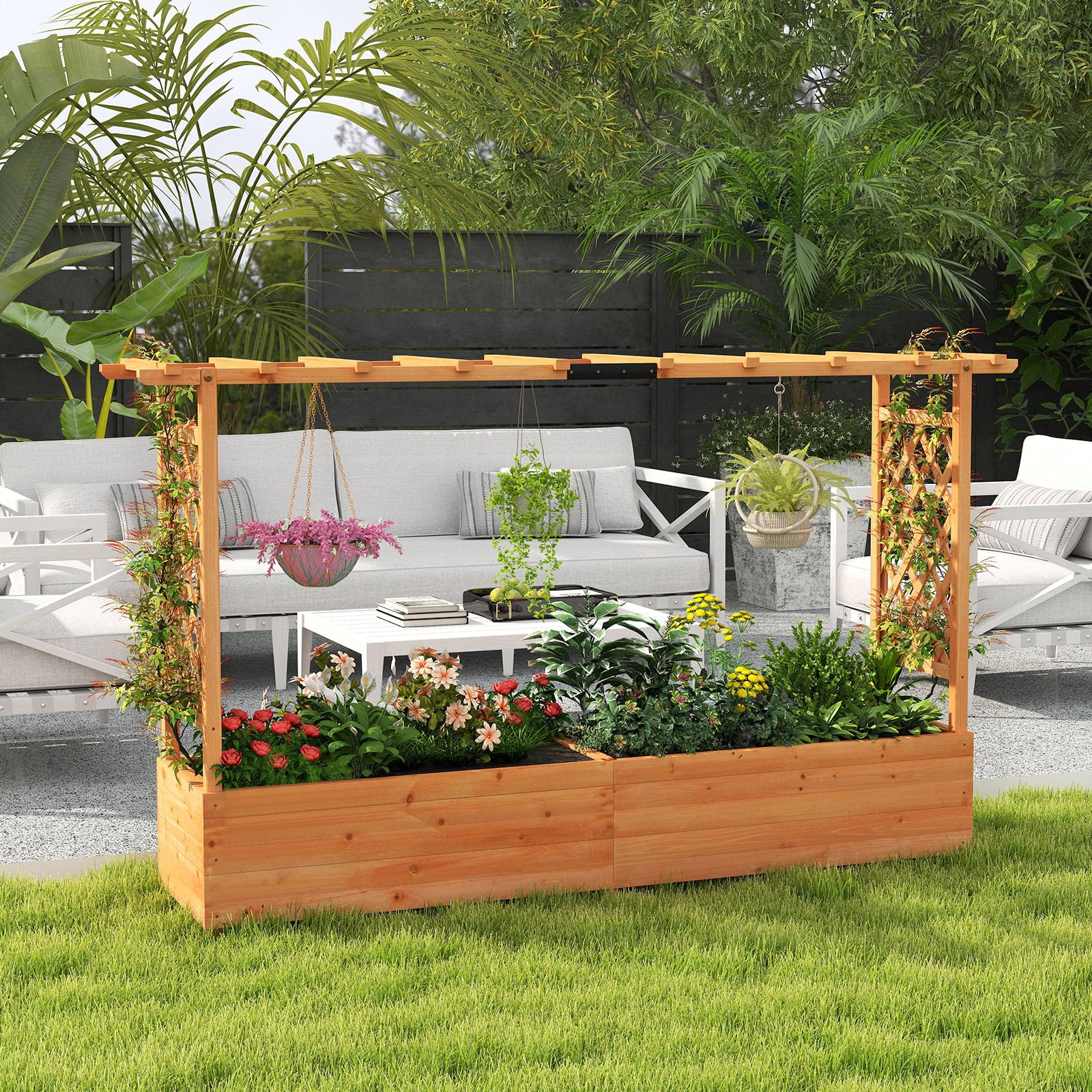 SOARS Jardinière surélevée avec treillis - 200 x 44 x 114 cm - Jardinière avec treillis et toit - Jardinière avec tuteur - Jardinière surélevée pour jardin, balcon, bois, pour fleurs, plantes