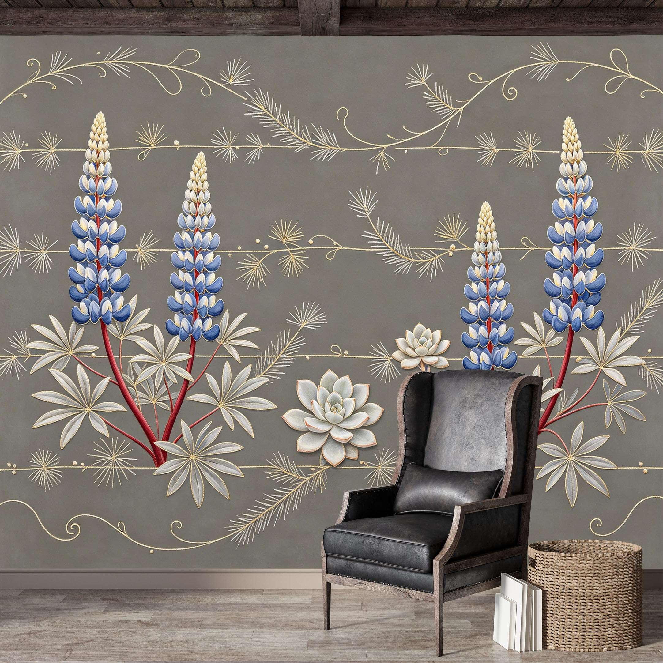 Custom Size Wall Mural,Lupine Floral Succulent Botanical Illustration Watercolor Premium Water Activated SelfAdhesive Wallpaper,Removable Wall Covering for Indoor Home Decor