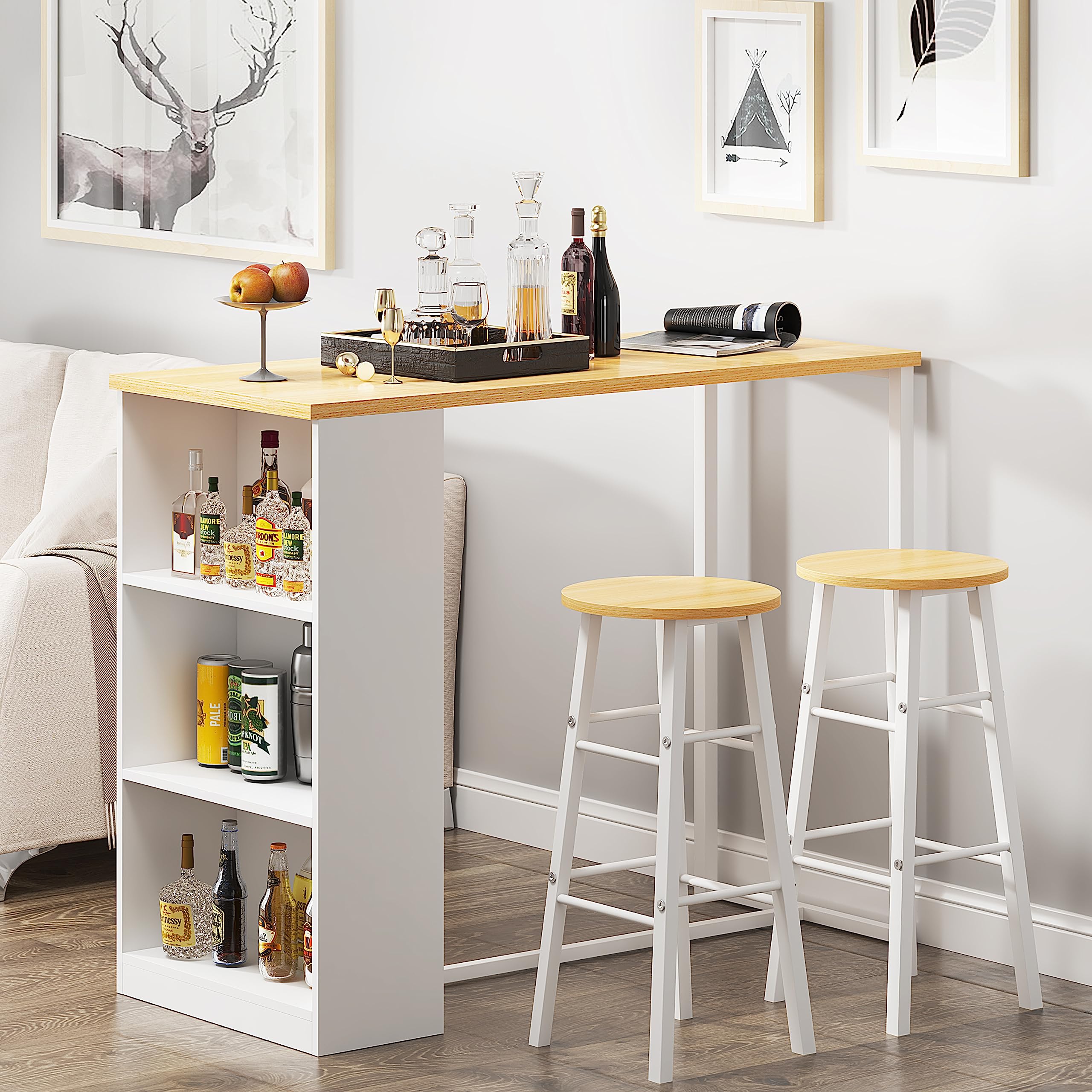 DlandHome Tavolo da bar con 3 armadietti di stoccaggio+ 2 sgabelli alti set per bar da 3 pezzi per 2 persone tavolo da pranzo per cucina/sala da pranzo/soggiorno in teak / bianco