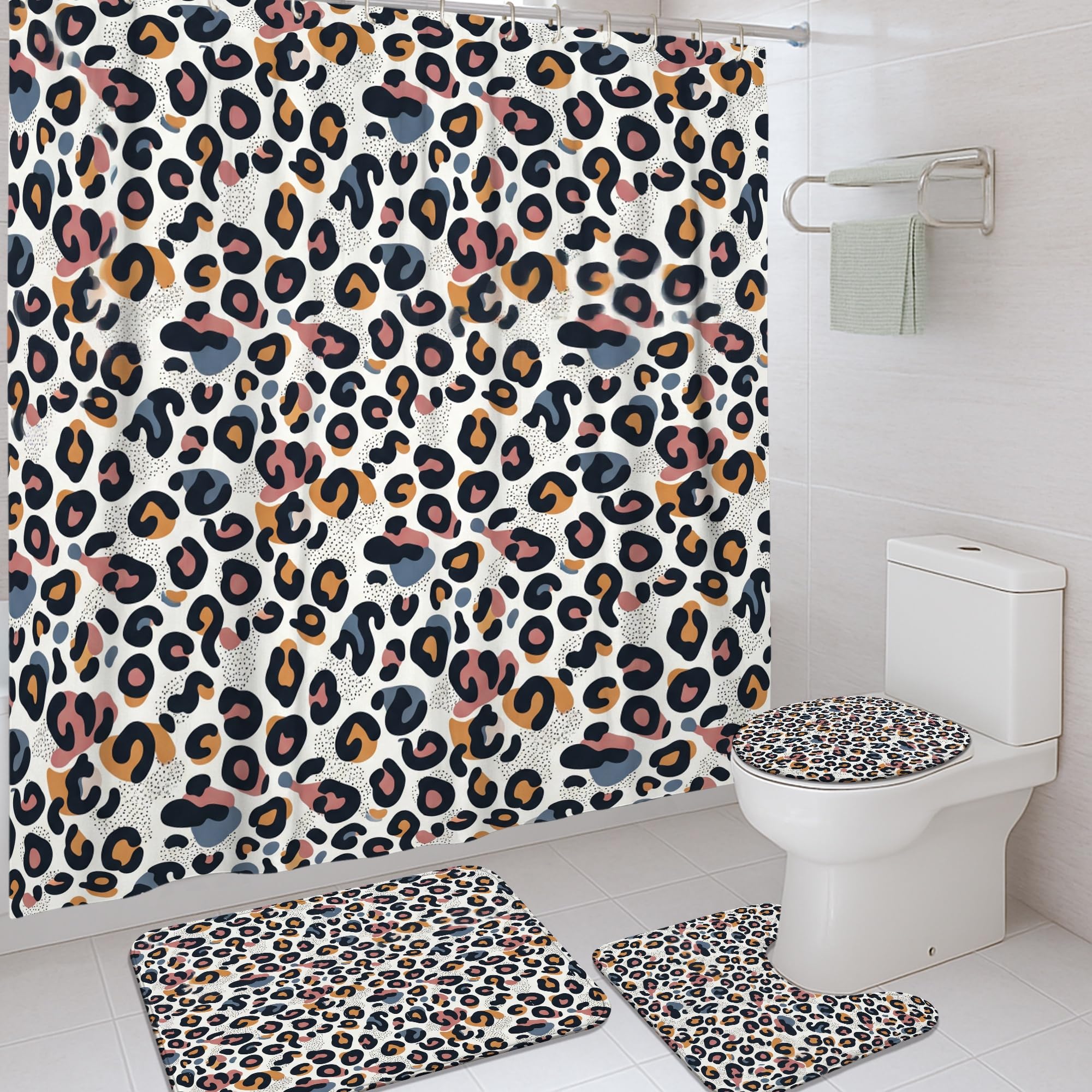 Rideau de douche léopard moderne et tapis de bain noir lavable chic pour déco maison