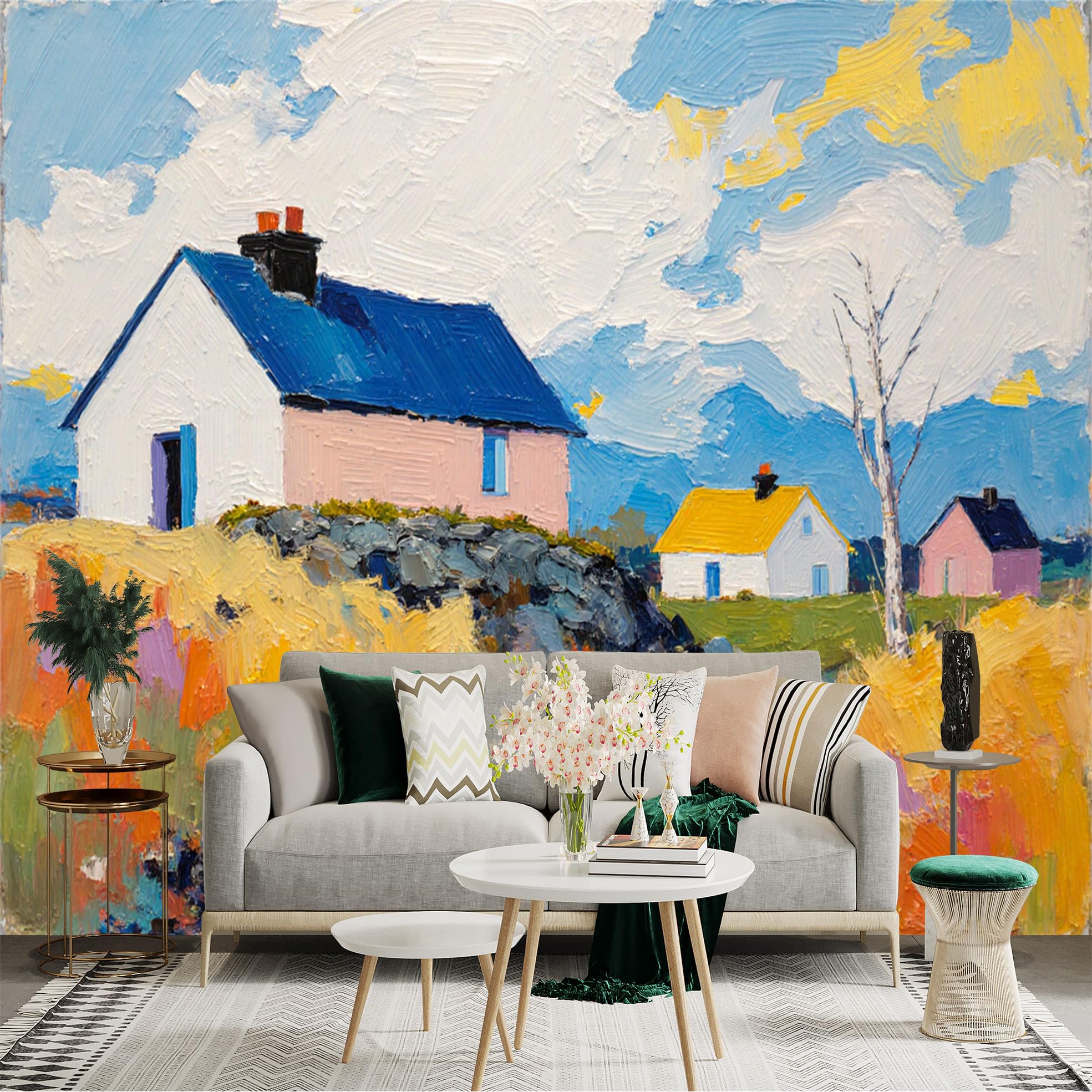 Lnzczhyre Xc260505427 Custom Size Wall Sticker Mural， Oil Painting Of Countryside Cottages， Vibrant Rural Landscape， Artistic Colorful Fields， For Wall Decoration， Peelandstick Wall Decals.