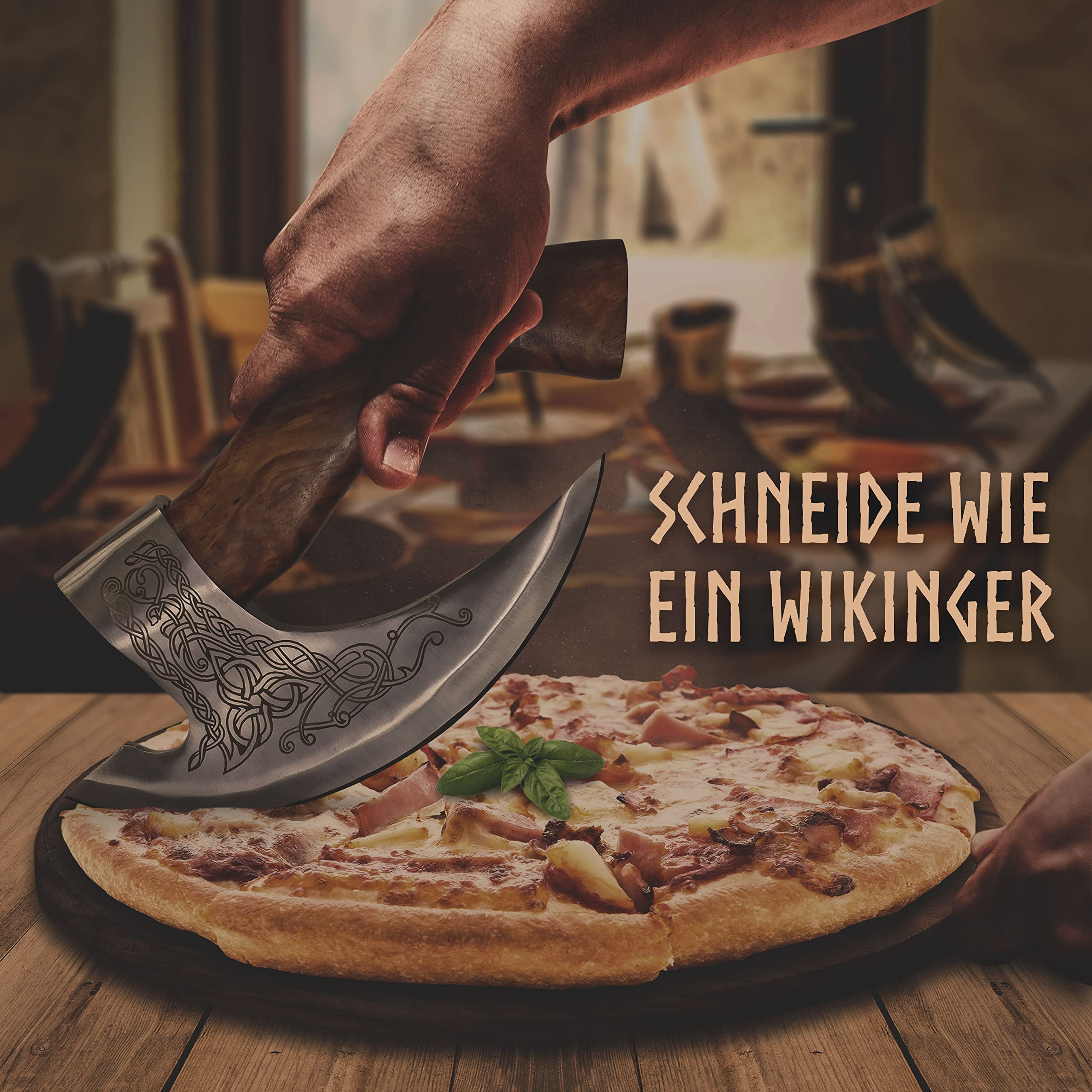 VIKING CRAFT - Pizza Axt Wikinger inkl. Lederschutz - Pizzamesser für echte Wikinger - Pizzaschneider Axt perfekt geeignet als Wikinger Deko - Wikinger Axt, Pizza Wiegemesser, Wikinger Messer, Beil