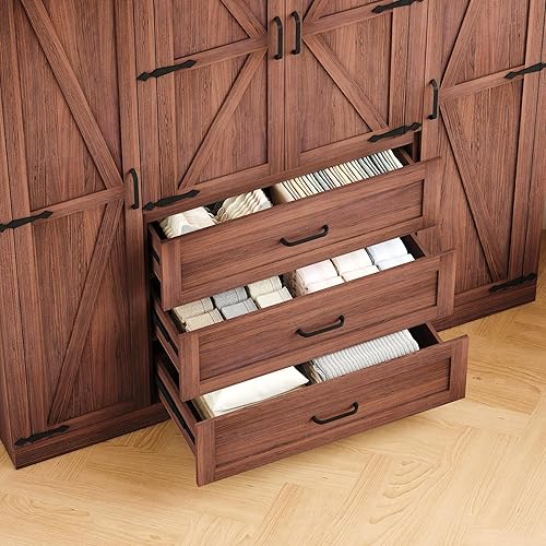 Miniatura 5 de Armario de 4 puertas con 3 cajones y cajones, armario de dormitorio de granja con barra para colgar y estantes ajustables, armario de almacenamiento