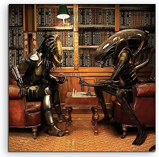 Fantasy-Art Alien vs Predator Playing Chess Leinwandbild in 60x60cm Made in Germany! Preiswerter fertig gerahmter Kunst-Druck zum Aufhängen - tolles und einzigartiges Motiv. Kein Poster oder Plakat!
