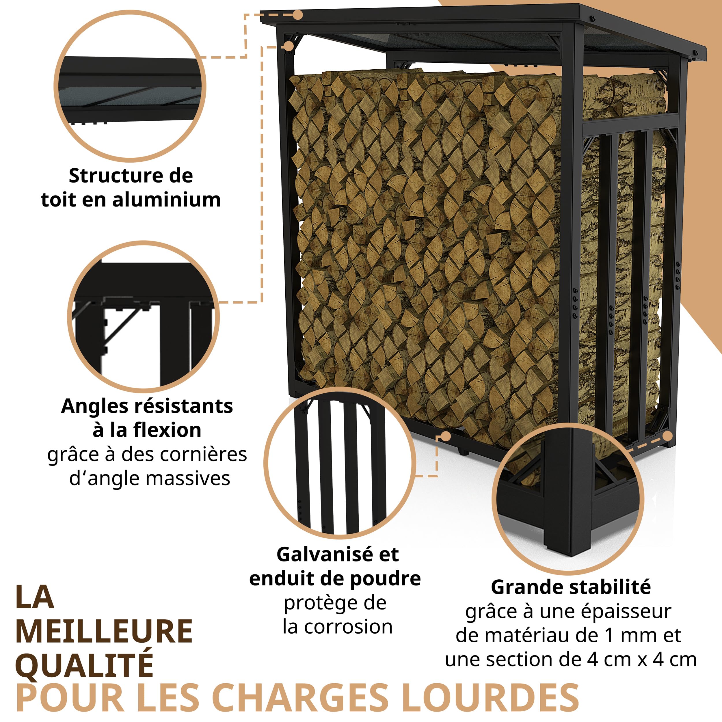 Range bûches extérieur avec Toit 188 x 70 x 188cm maximale 3t Stockage | 45kg, Métal galvanisé, Stockage de bois, Étagère de cheminée, Porte-bûches de chauffage