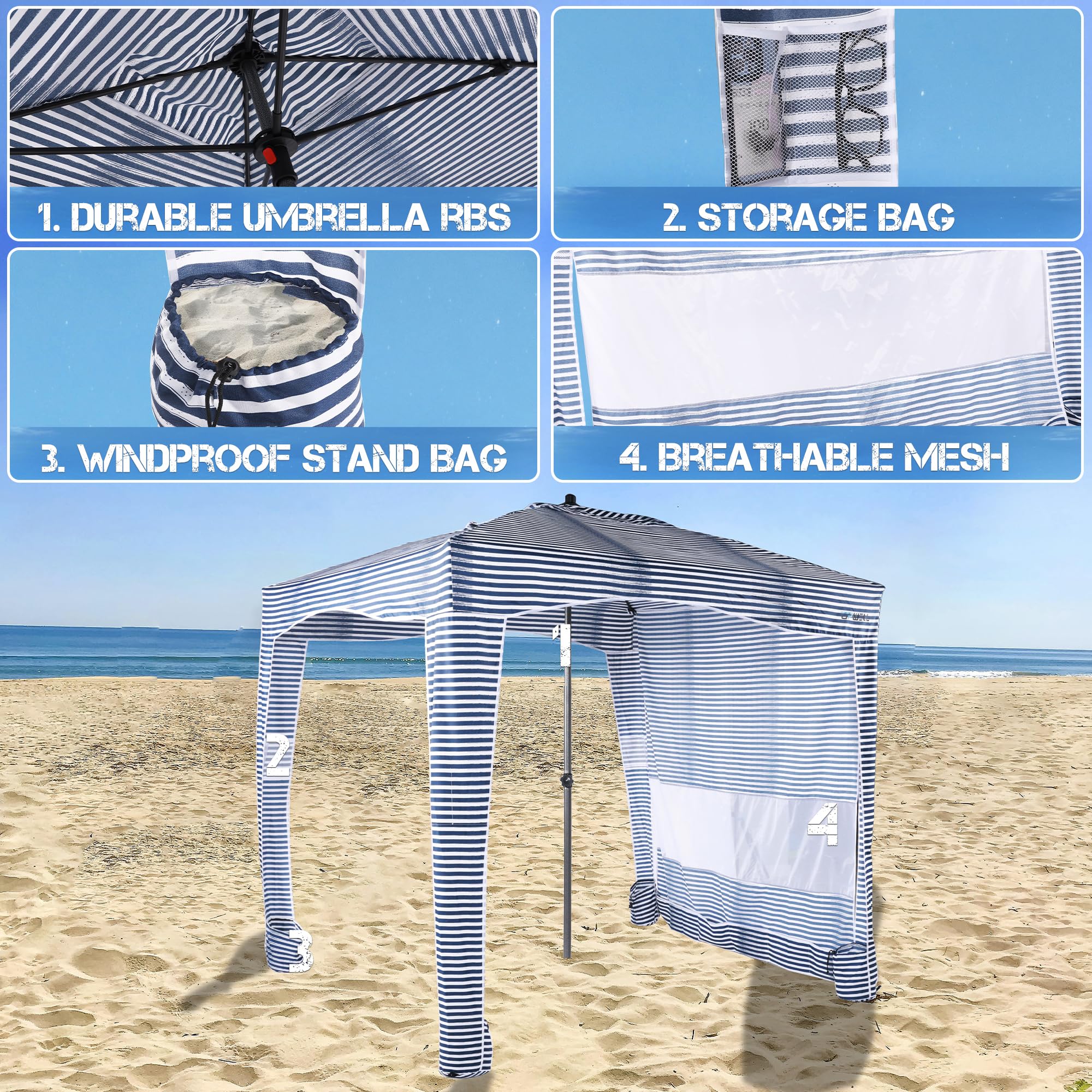 UPWELL Namiot plażowy, łatwy montaż, zadaszenie, schronienie przeciwsłoneczne, fajna kabana, z ochroną UPF 50, ochrona przed promieniowaniem UV, przenośny parasol plażowy z kieszeniami na piasek, do