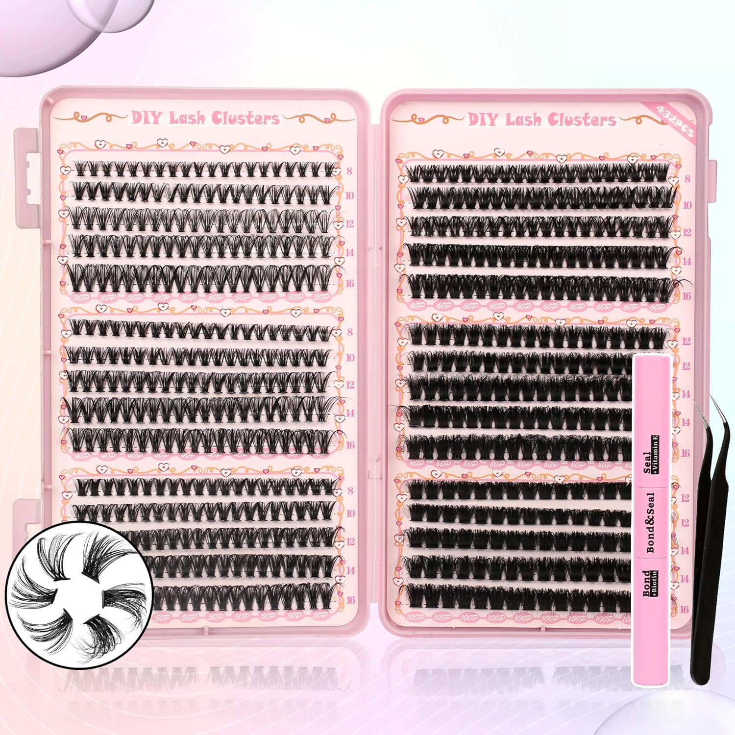 Gmagictobo DIY Lash Clusters Kit: 570pcs Volume Individual Lashes, Thin Band Clusters, Bond, Seal & Tweezers for Salon-Quality Extensions at Home
