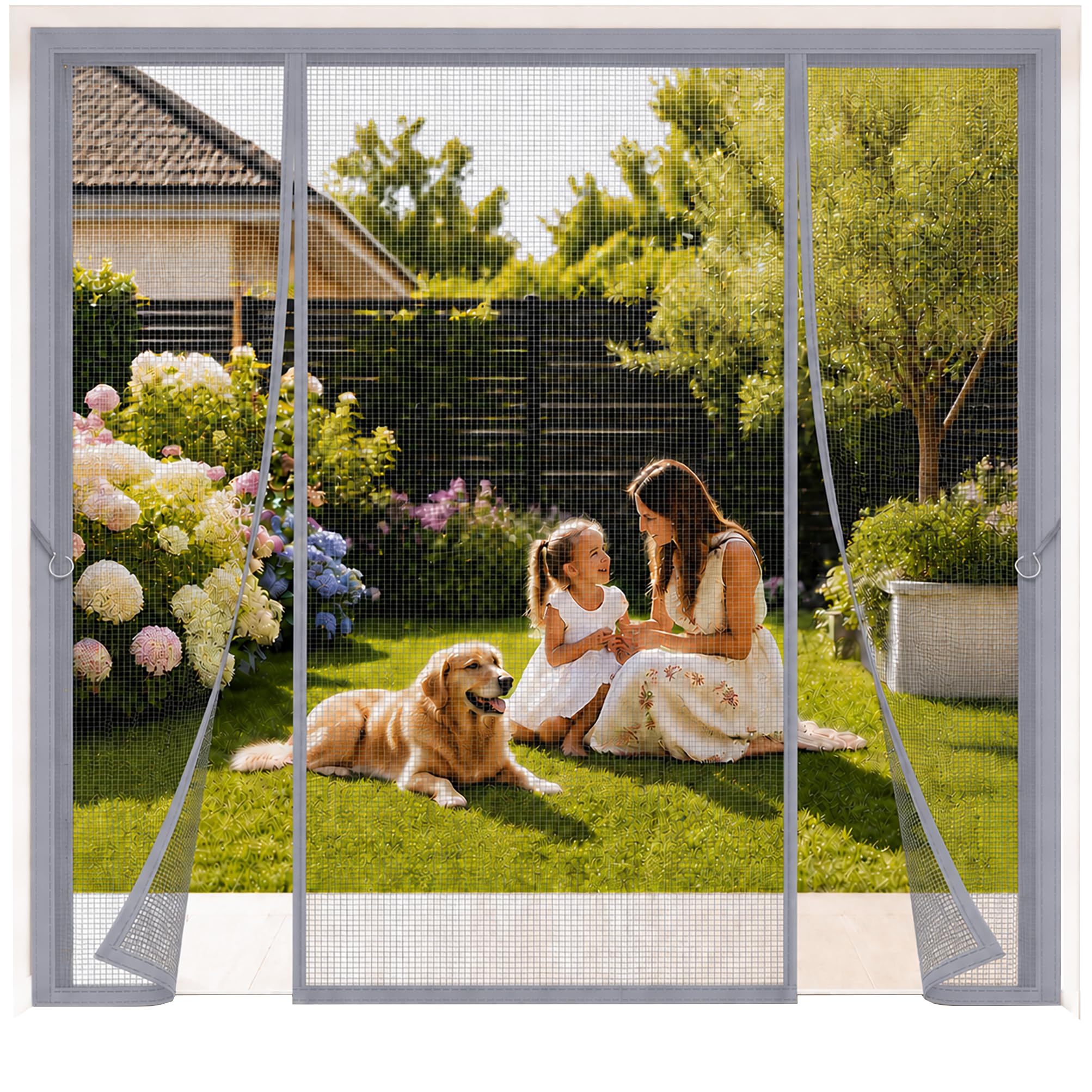 Double Magnetic Fly Screen Door 140x180cm Grey Hands-Free Entry with Powerful Automatic Magnetic Closure for Wide French Doors and Double Patio Doors