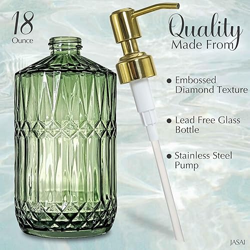 Miniatura 2 de JASAI Dispensador de jabón de vidrio verde de 18 onzas con bomba dorada a prueba de óxido, dispensador de jabón de cocina recargable para jabón de