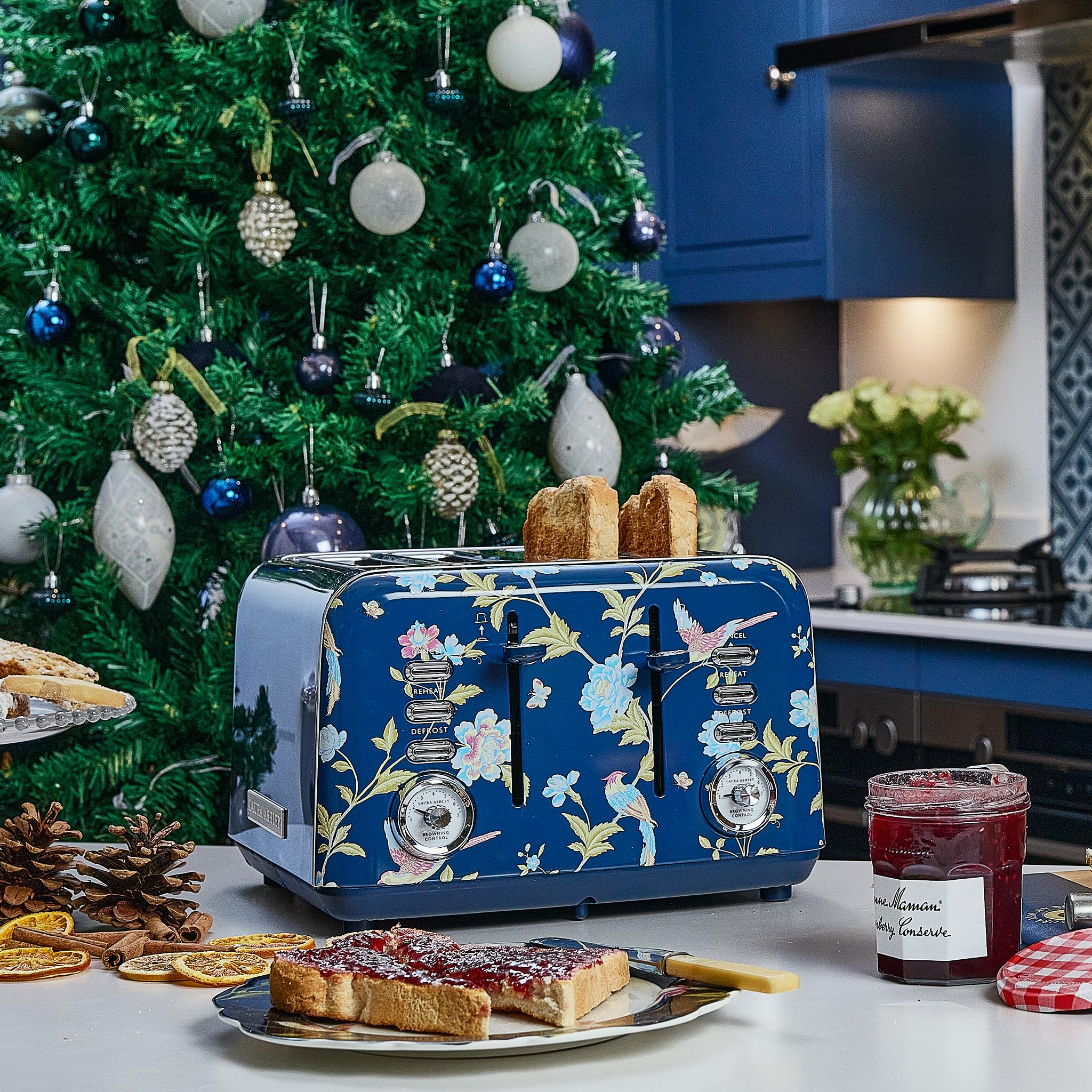 VQ Laura Ashley Elveden Navy Tostadora Acero Inoxidable 4 Ranuras | Modos Calefacción Descongelación Recalentamiento Ajustables Vintage Soporte Calentar Croissants