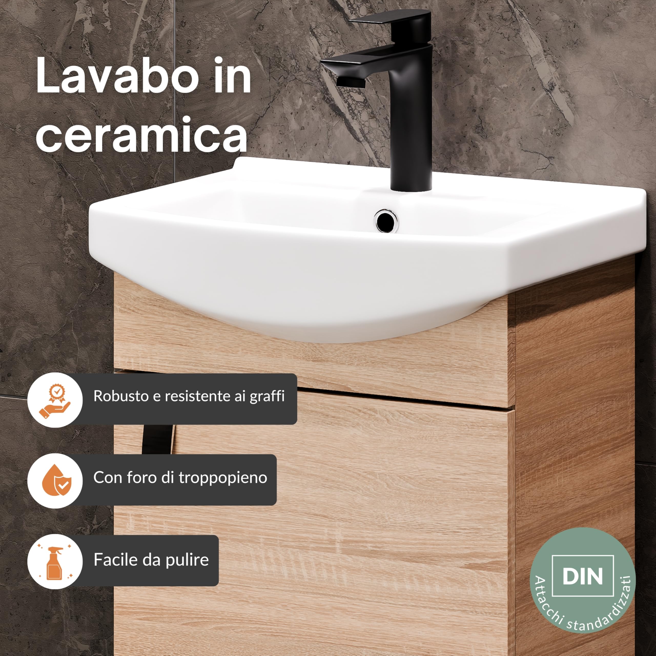 Planetmöbel Set di mobili da bagno lavabo con mobiletto 45 x 60 x 33 cm con rubinetto nero per bagno e WC ospiti, rovere Sonoma