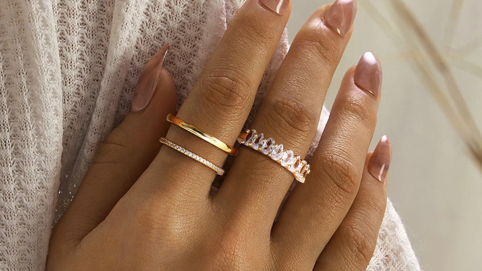 3x Ringe Set Damen 14k Gold - Vergoldet Mit Zirkonia, Wasserfest