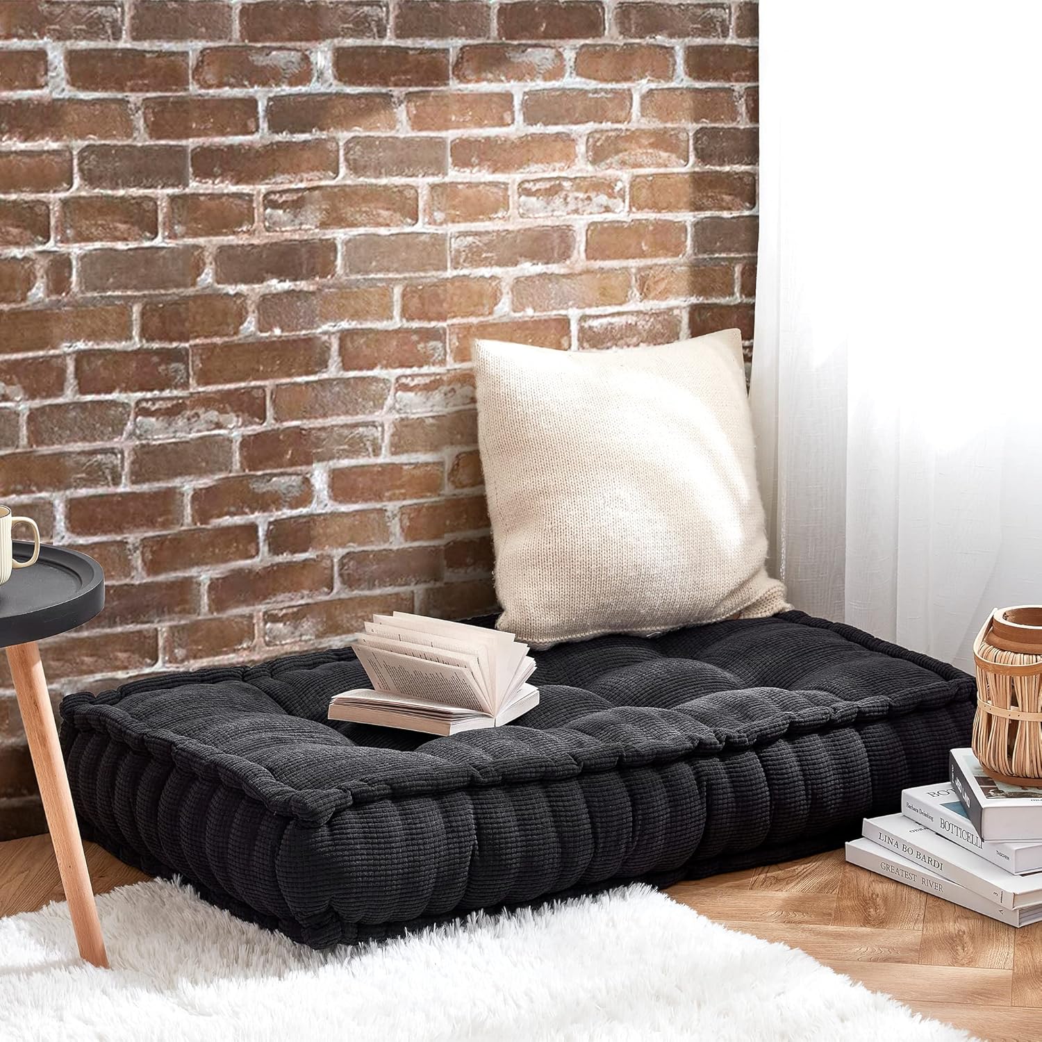 Black Ultra Thick Tufted Rectangular Floor Pillow