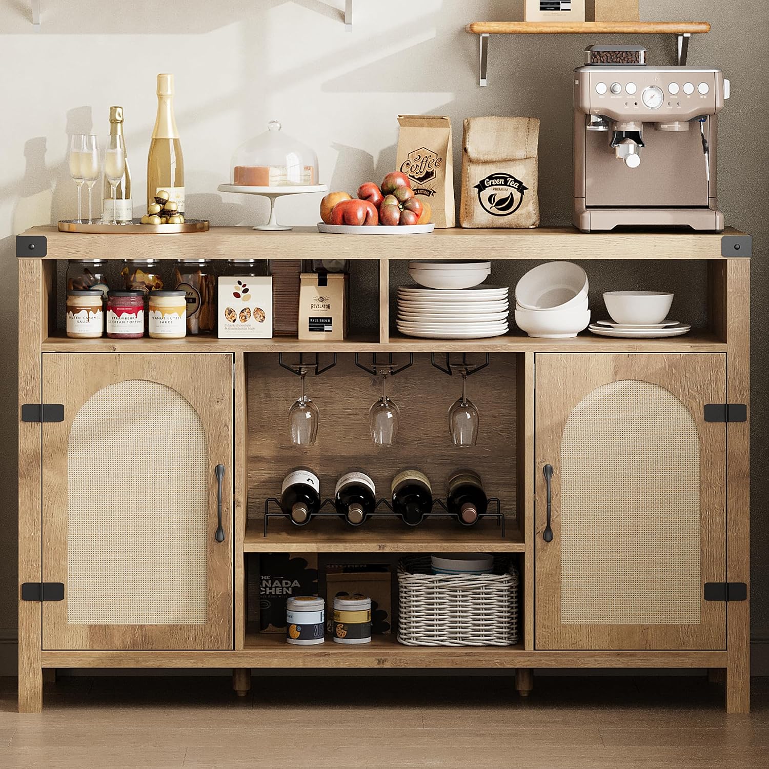 GarveeHome 52 in Rattan Sideboard Buffet Cabinet with Storage and Wine Racks, Farmhouse Kitchen Buffet Cabinet with Drawer, Boho Coffee Bar with Open Shelves, for Dining Room, Living Room, Natural