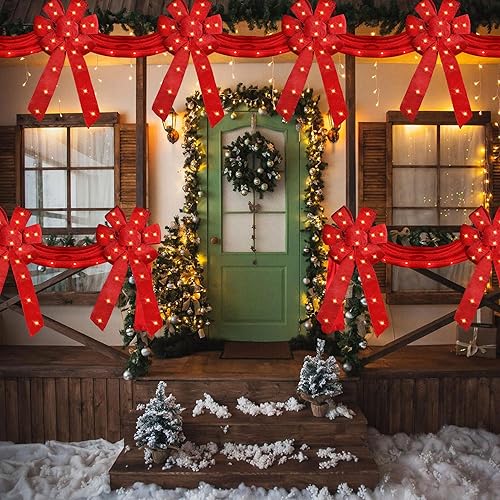 Miniatura 6 de Enhon Paquete de 4 cintas de Navidad iluminadas y lazos para decoración de vallas, 13 pies de largo 20 x 11 pulgadas, guirnalda de lazos de Navidad