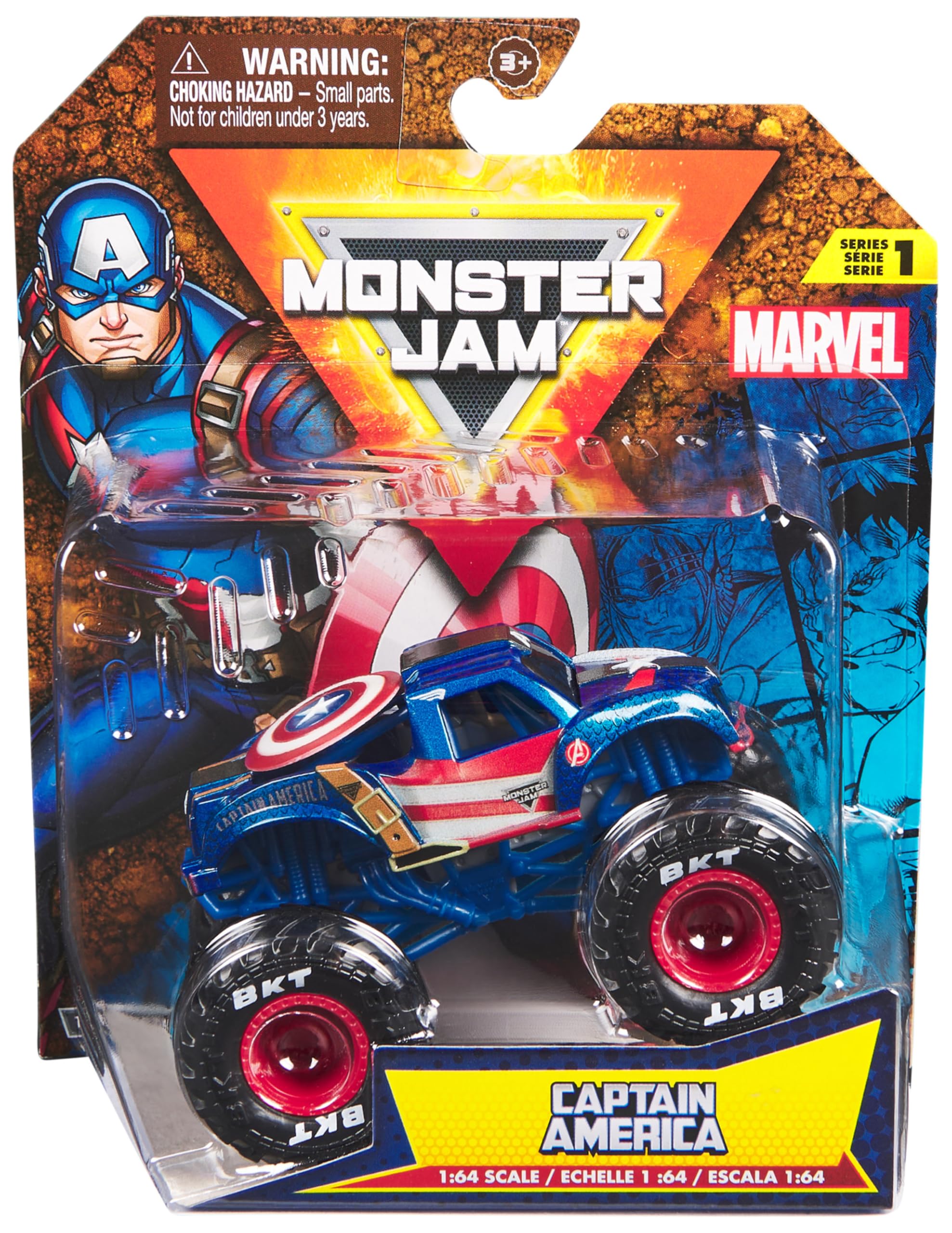 MONSTER JAM, Veicolo Die-Cast Ufficiale Marvel Captain America, in Scala 1:64, Giocattoli per Bambini, 3+ Anni