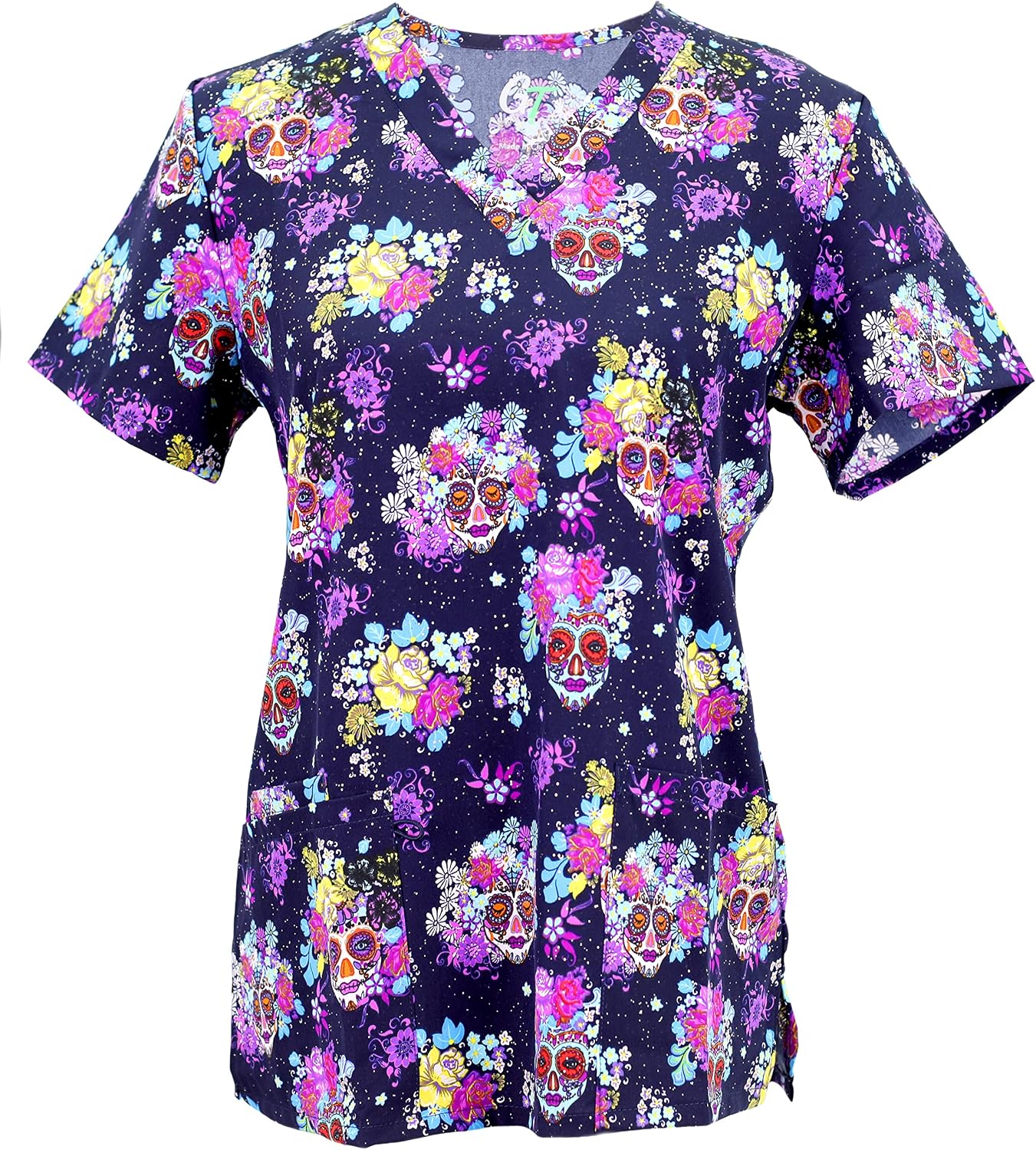 Green Town Spooky Halloween Workwear Printed V-Neck Scrub Tops for Women - Small to 3X
