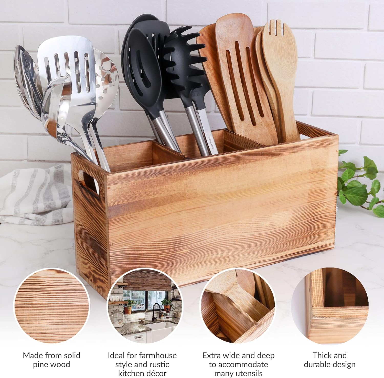Wood Utensil Holder Organizer for Counter - Large Wooden Utensil Caddy for Countertop - 3 Compartment Cooking Tool Storage for Spatula - Farmhouse Kitchen Decor and Accessories