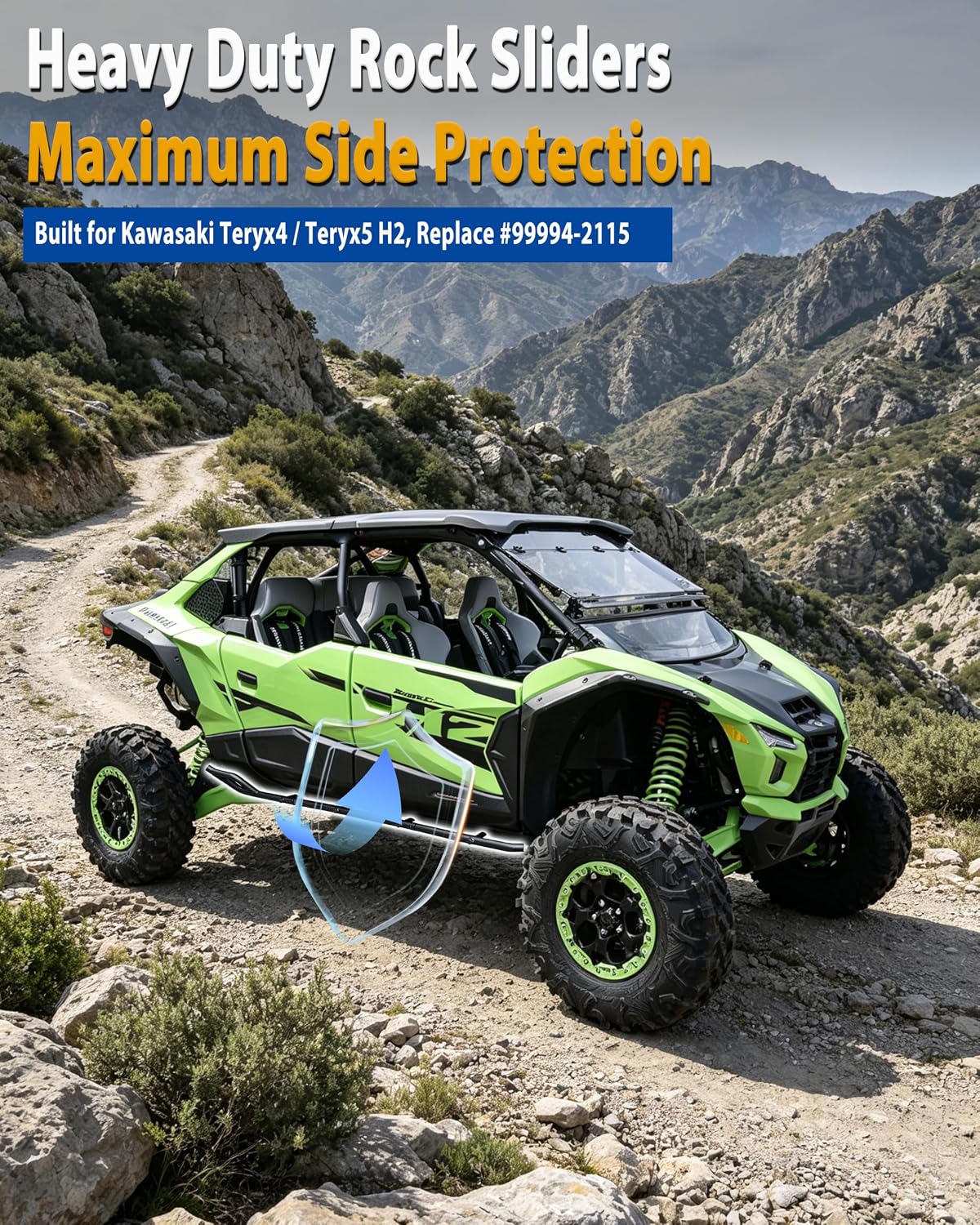 Heavy Duty Nerf Bars for Kawasaki Teryx H2, Replace #99994-2115 | 38mm Thick Steel, Rust-Proof Powder Coated, Drill-in Install, Rock Sliders Side Bumper Protection for 2026 Teryx4/5 H2