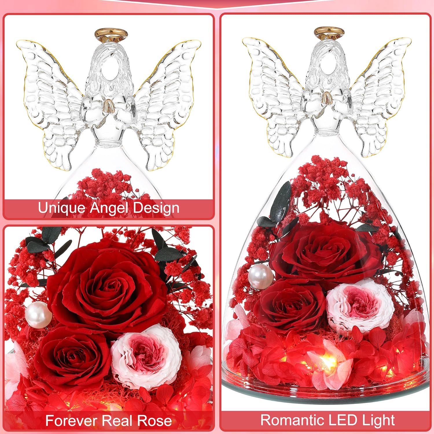 Valentines Rose Gifts for Women Preserved Real Flower in Glass Angel Figurines Roses for Delivery Prime Birthday Gifts for Mom Grandma Girlfriend Wife Her,Red Pink Austin Roses - Image 5