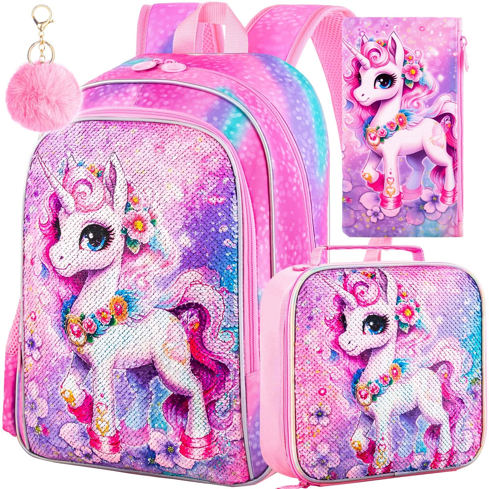 KLFVB 3PCS Unicorn Mermaid Backpack for Girls, 16" Sequin Kids Bookbag and Lunch Box, Preschool Backpacks for Elementary