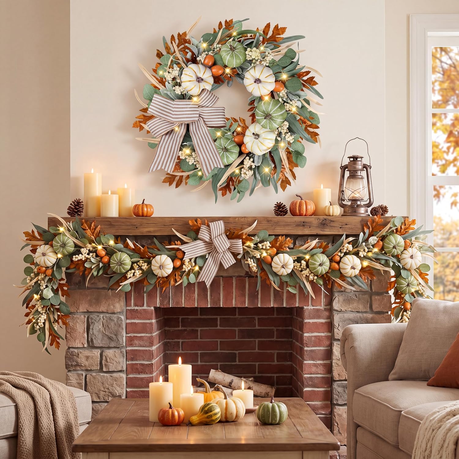 Sggvecsy Fall Wreath 23’’for Front Door with Bows for Thanksgiving Autumn