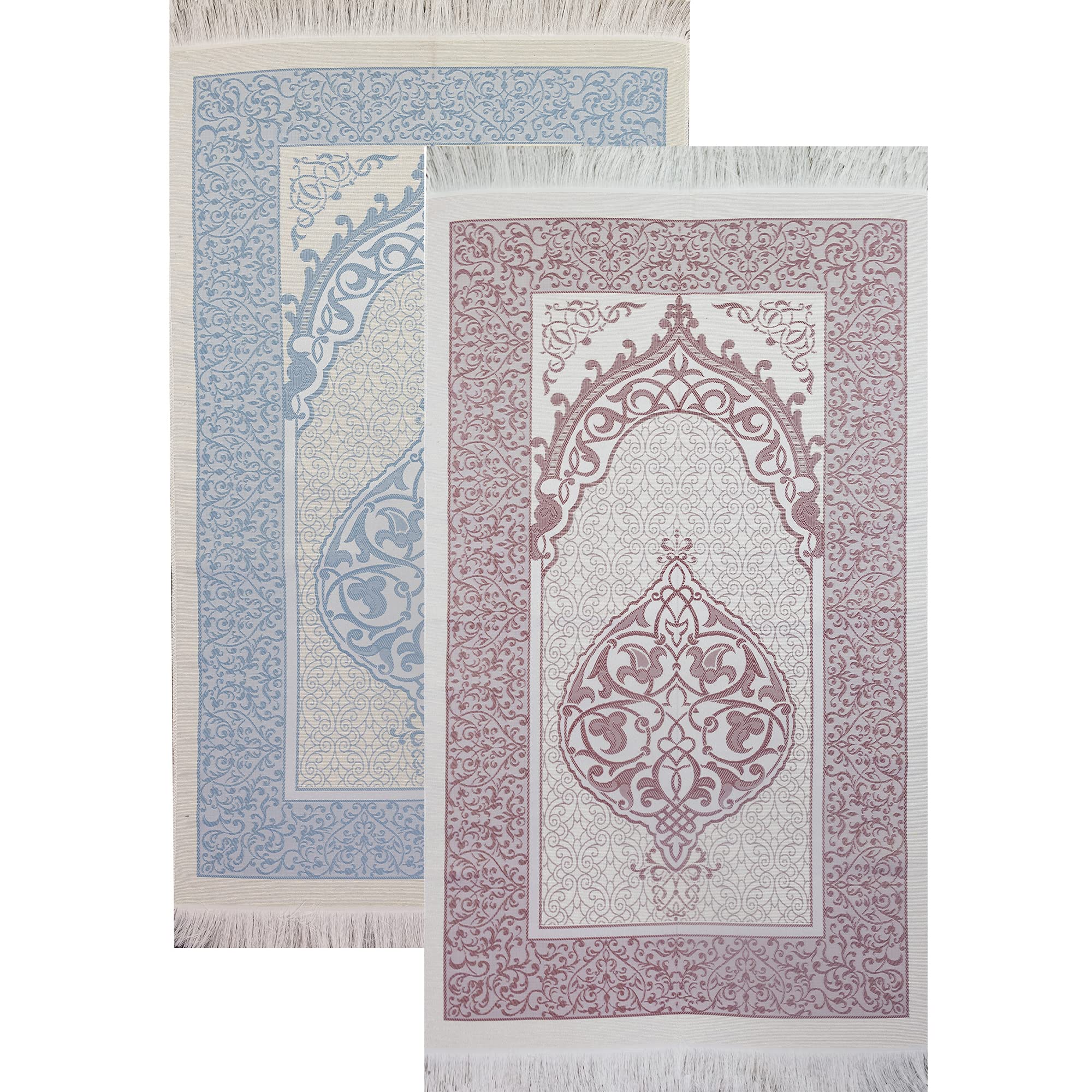 Modefa Islamic Prayer Mat Thin Woven Chenille and Taffeta Turkish Sajadah Intricate Design Metallic Ottoman Mat (White/Blue + White/Pink)