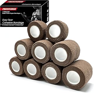 FRESINIDER 9 Rolls Self Adhesive Wrap Athletic Tape Gauze, Breathable Elastic Cohesive Bandage for Sports Injury & Pet (7 Pcs 2" x 5 Yards + 2 Pcs 1" X 5 Yards) (Brown)