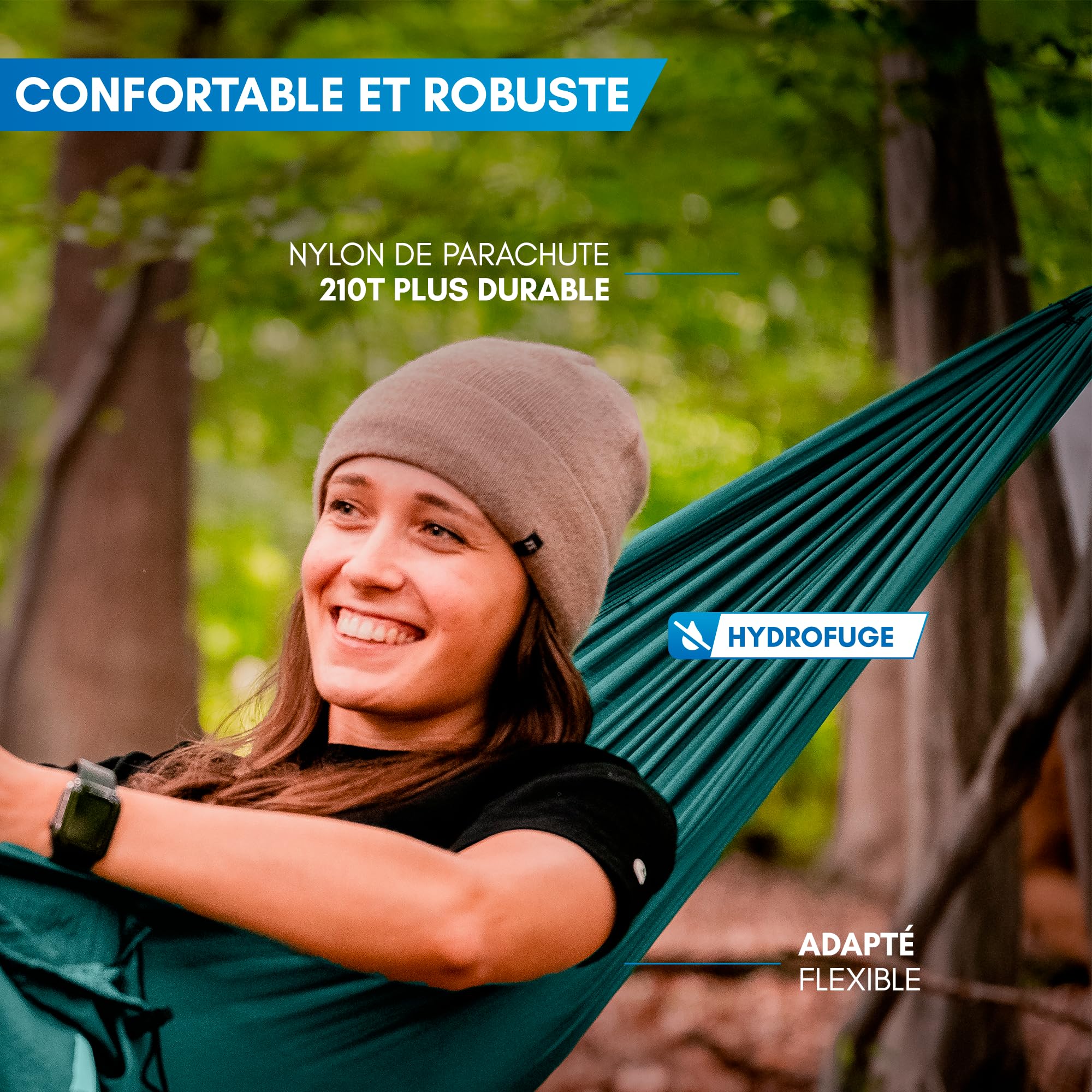 NORDMUT® Hamac Ultra Léger Outdoor [avec Kit de Fixation] – Hamac de Camping avec Kit de Protection des Arbres pour Camping, Outdoor et Jardin – Charge Max 225 kg (Bleu, 140 x 275 cm)