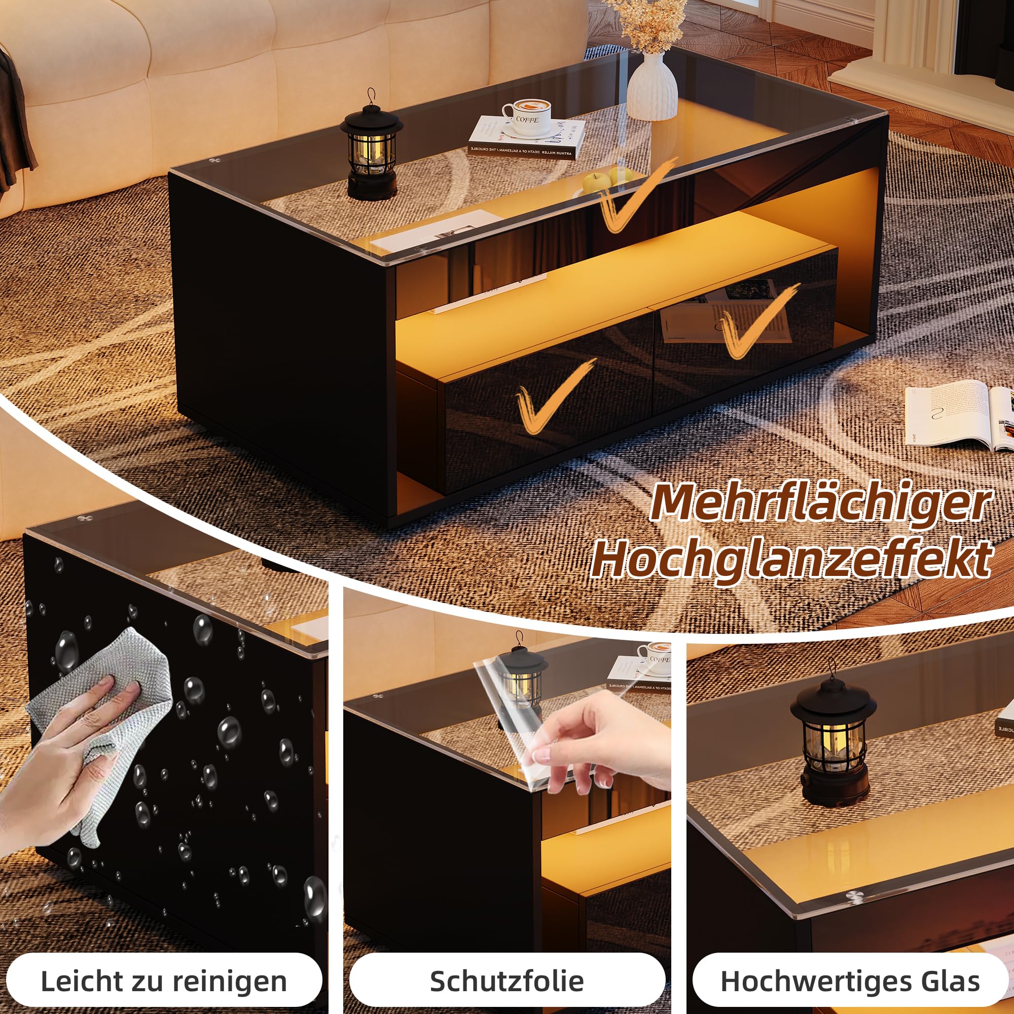 Merax Couchtisch in Hochglanz Schwarz, Moderner Wohnzimmertisch mit LED Beleuchtung, Kaffeetisch mit 2 Schubladen, Glastischplatte, Sofatisch Beistelltisch Teetisch, Rechteckiger Mitteltisch für Büro